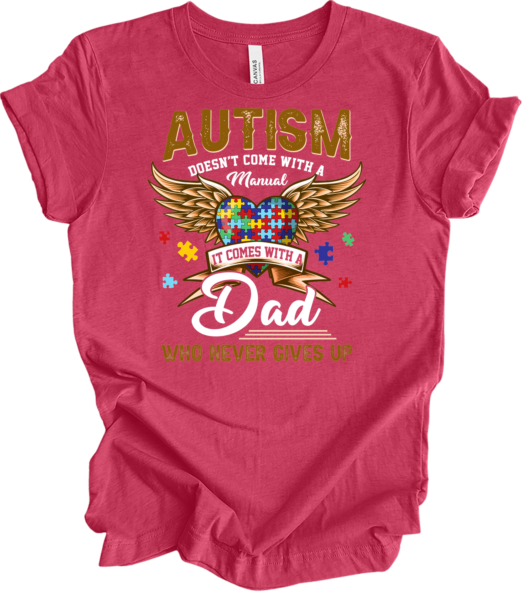 Autism Dad Heart Puzzle T-Shirt in Heather Raspberry