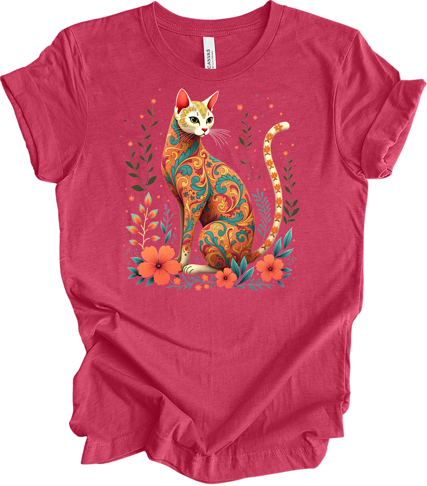 Floral Cat Art - Siamese Design T-Shirt in Heather Raspberry