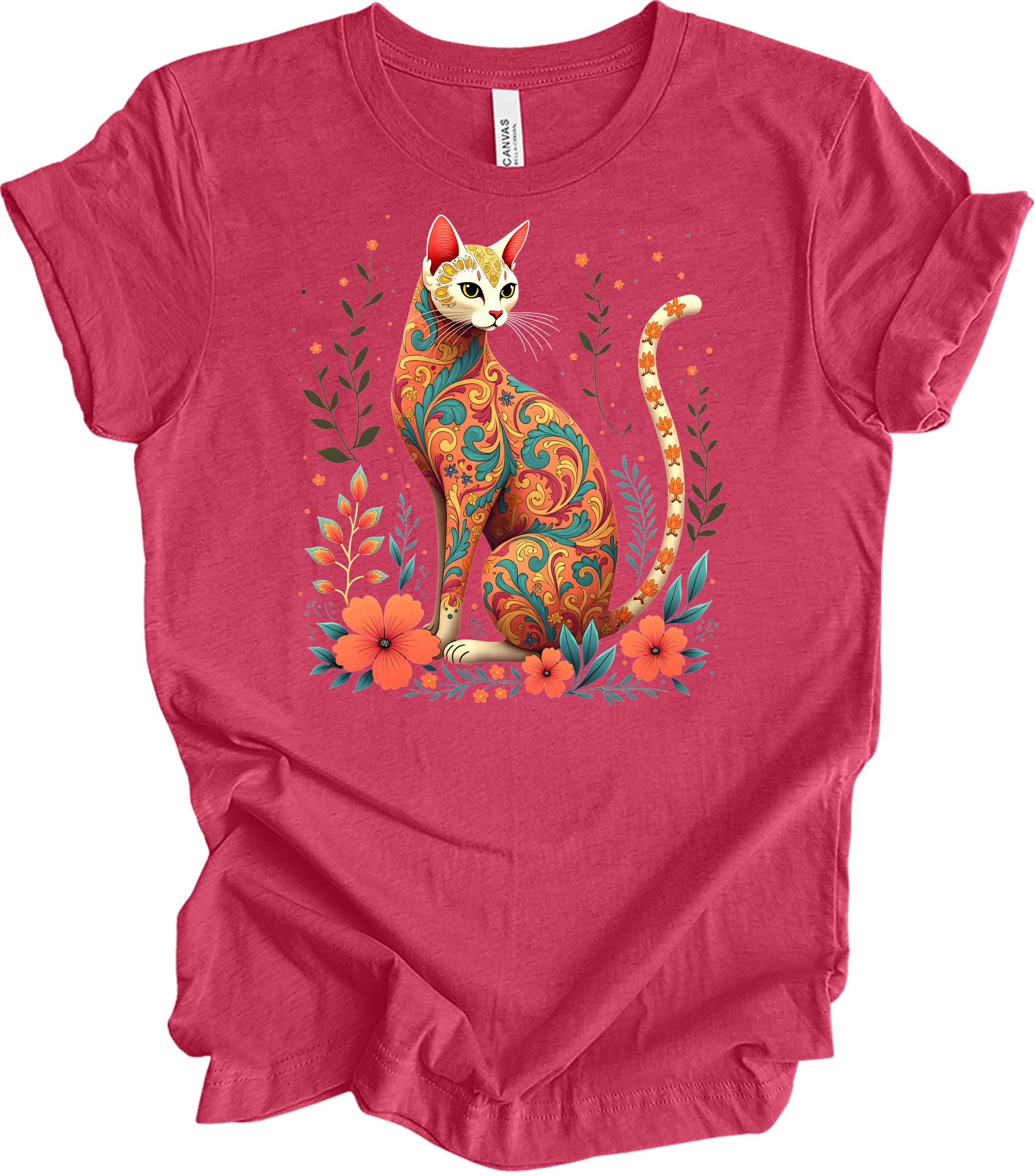 Floral Cat Art - Siamese Design T-Shirt in Heather Raspberry
