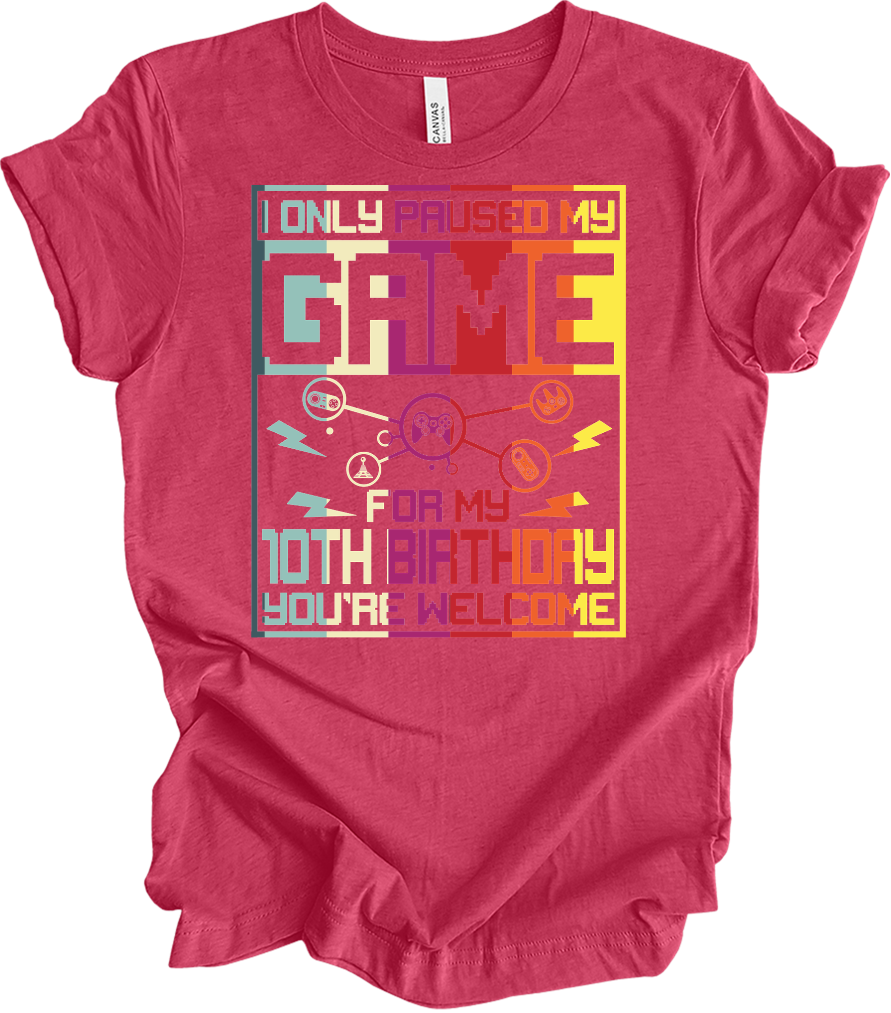 Paused Game 10th Birthday T-Shirt in Heather Raspberry