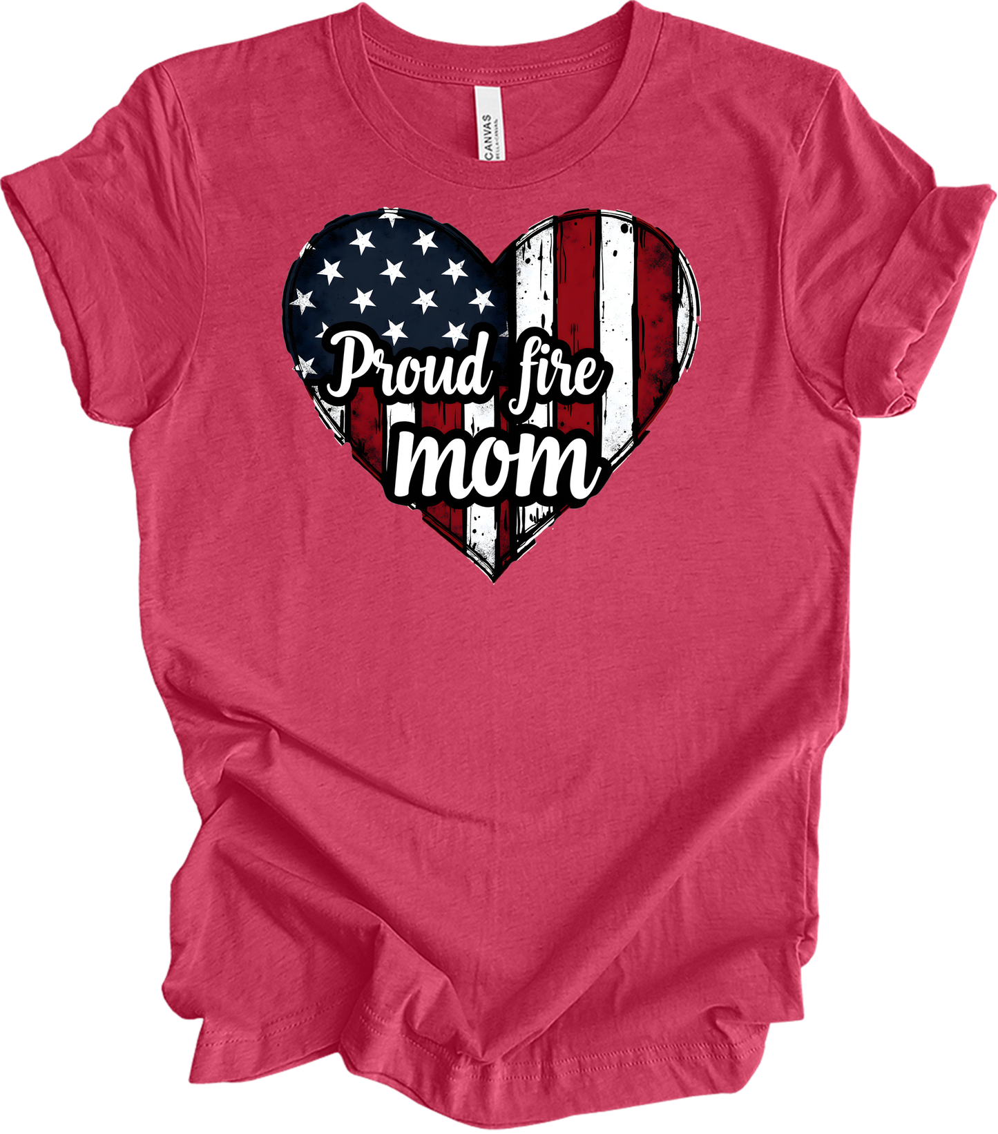 Proud Fire Mom - USA Flag Heart T-Shirt in Heather Raspberry