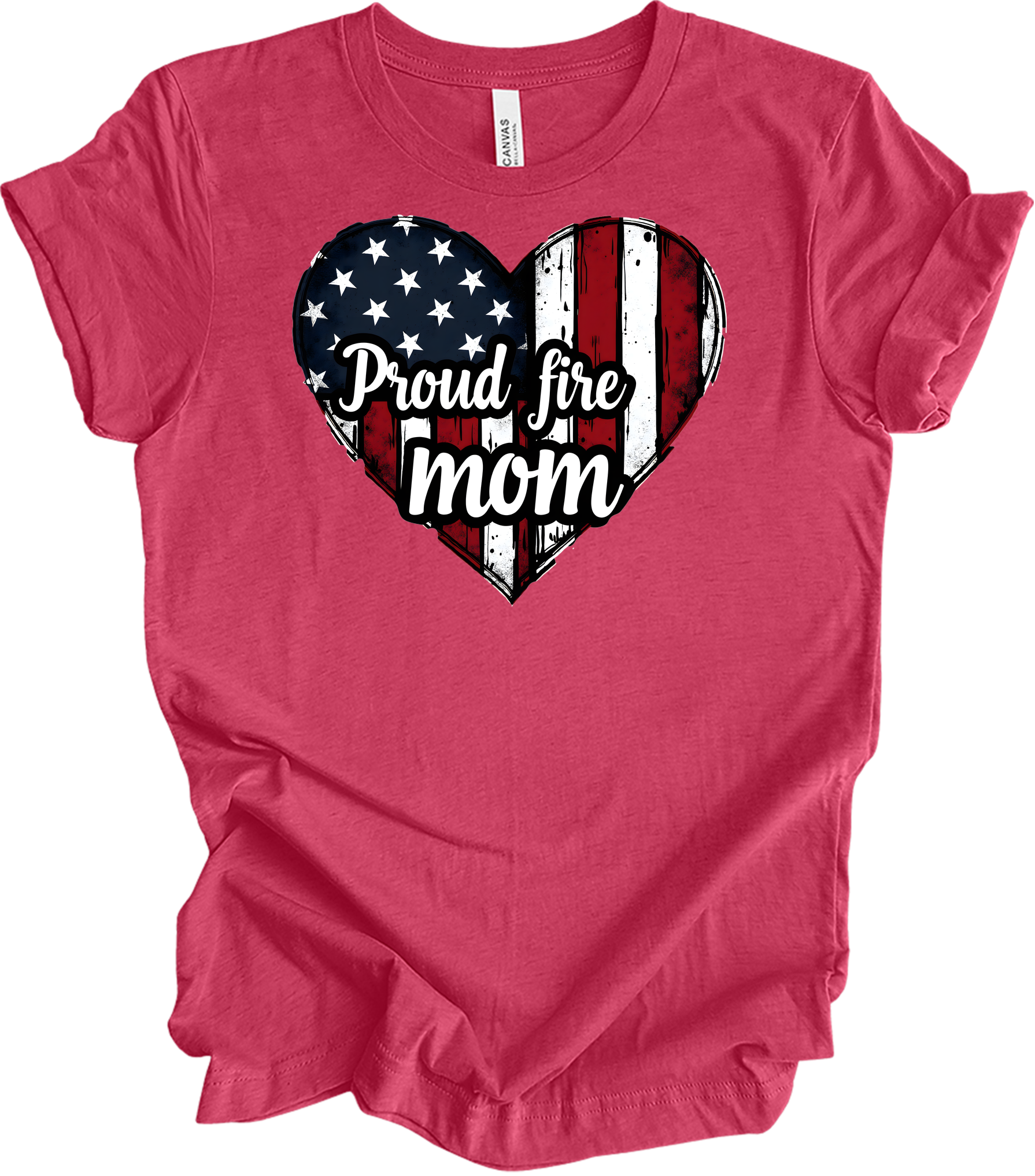 Proud Fire Mom - USA Flag Heart T-Shirt in Heather Raspberry