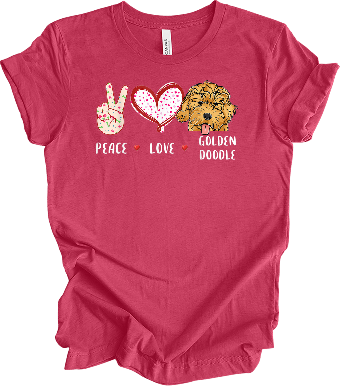 Peace Love Golden Doodle T-Shirt in Heather Raspberry