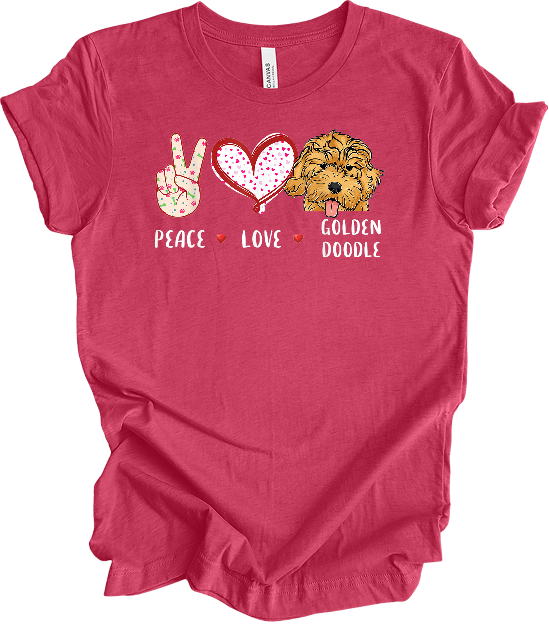 Peace Love Golden Doodle T-Shirt in Heather Raspberry