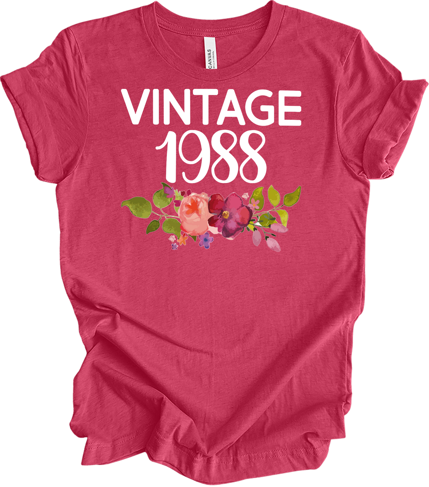 Vintage 1988 Birth Year Floral - 35th Birthday Gift T-Shirt in Heather Raspberry