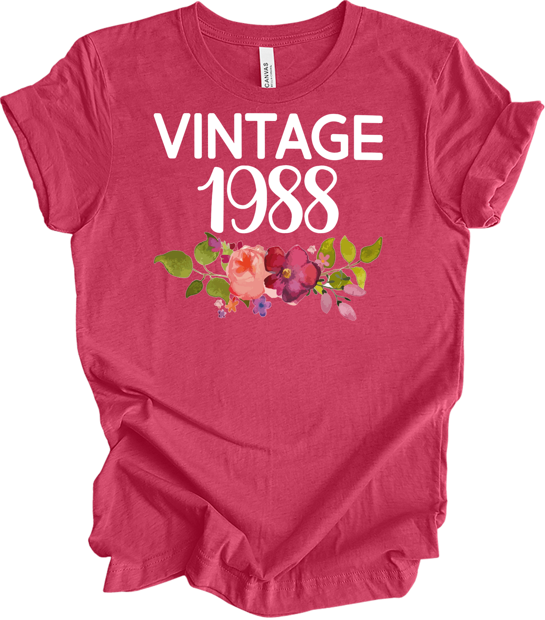 Vintage 1988 Birth Year Floral - 35th Birthday Gift T-Shirt in Heather Raspberry