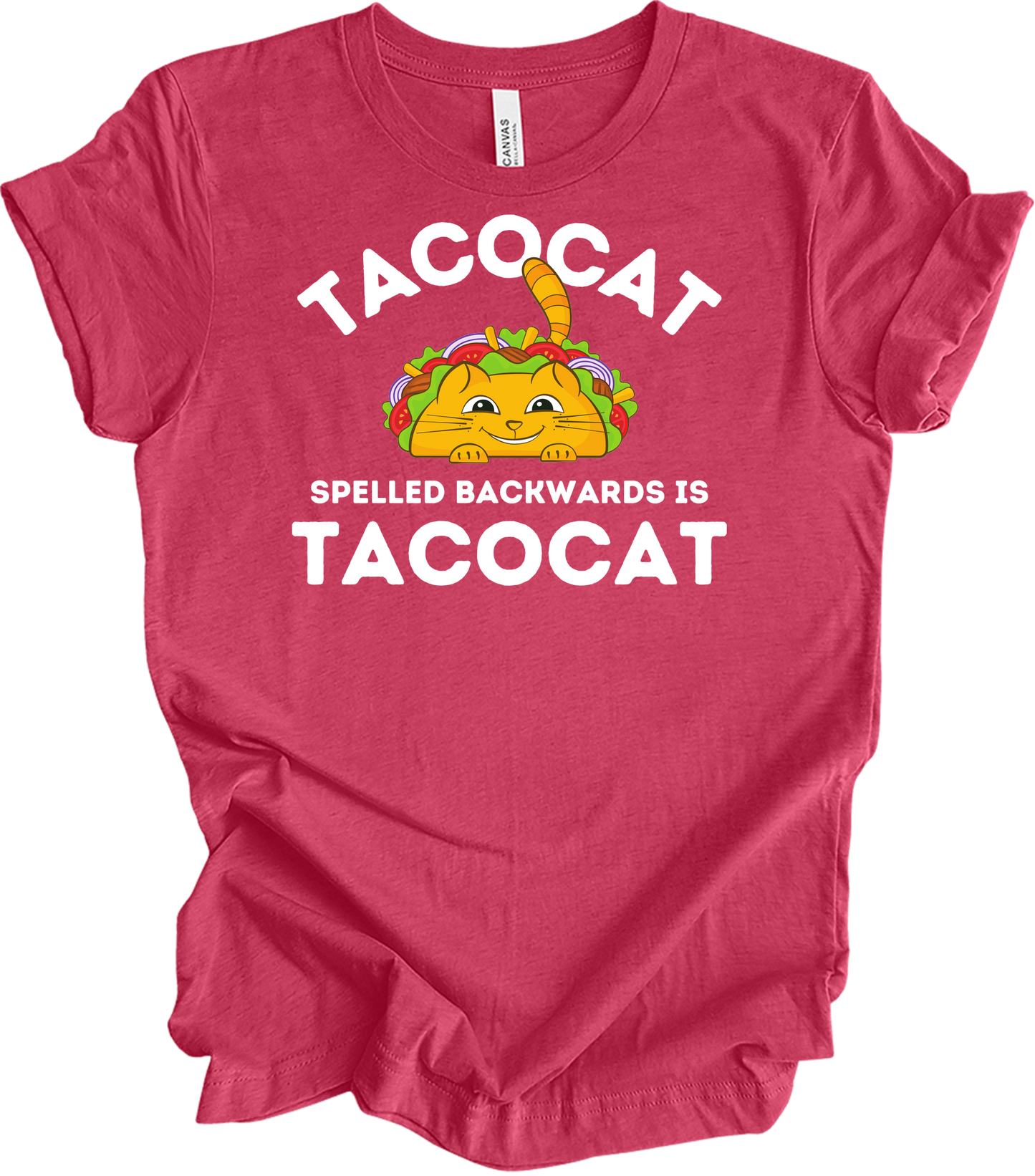 Tacocat Spelled Backwards Funny Taco Cat T-Shirt in Heather Raspberry