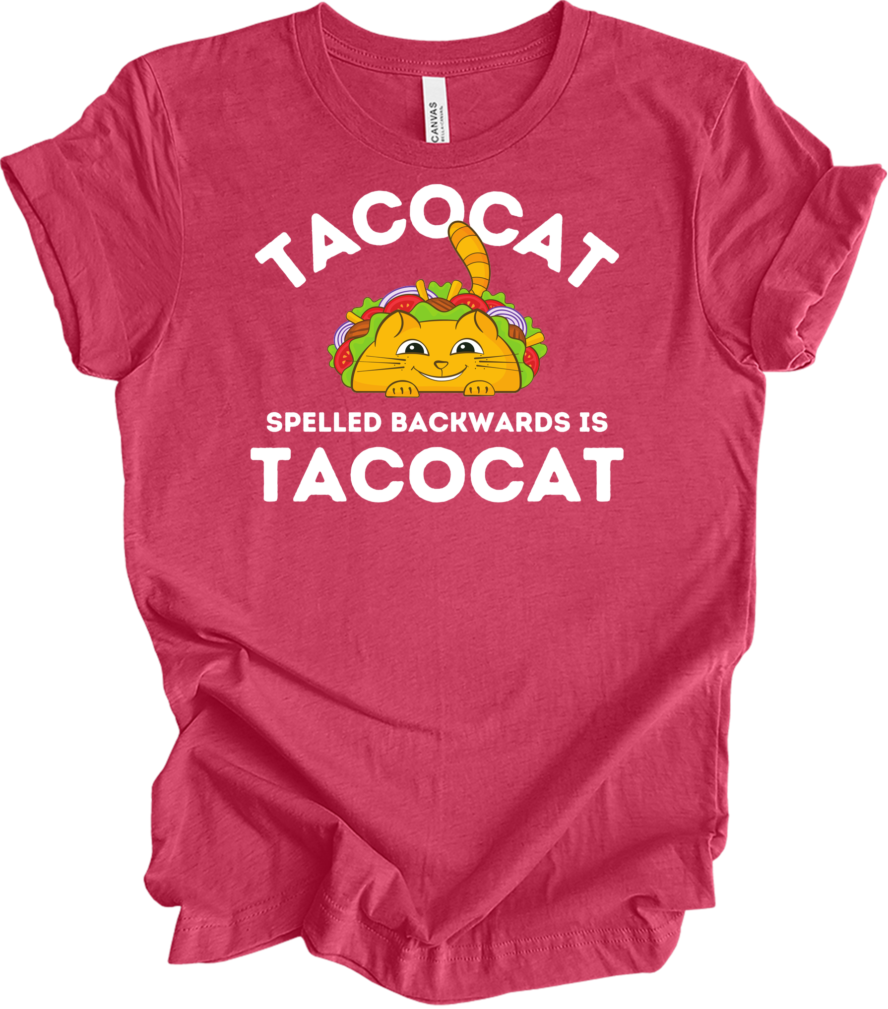 Tacocat Spelled Backwards Funny Taco Cat T-Shirt in Heather Raspberry