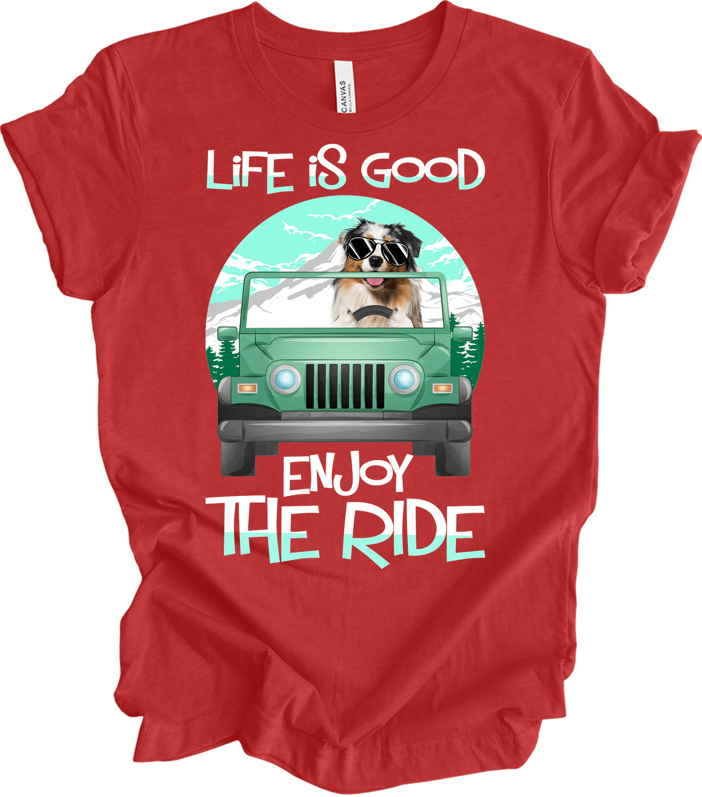 Australian Shepherd Jeep Dog - Life is Good Aussie Mom Gift T-Shirt in Heather Red