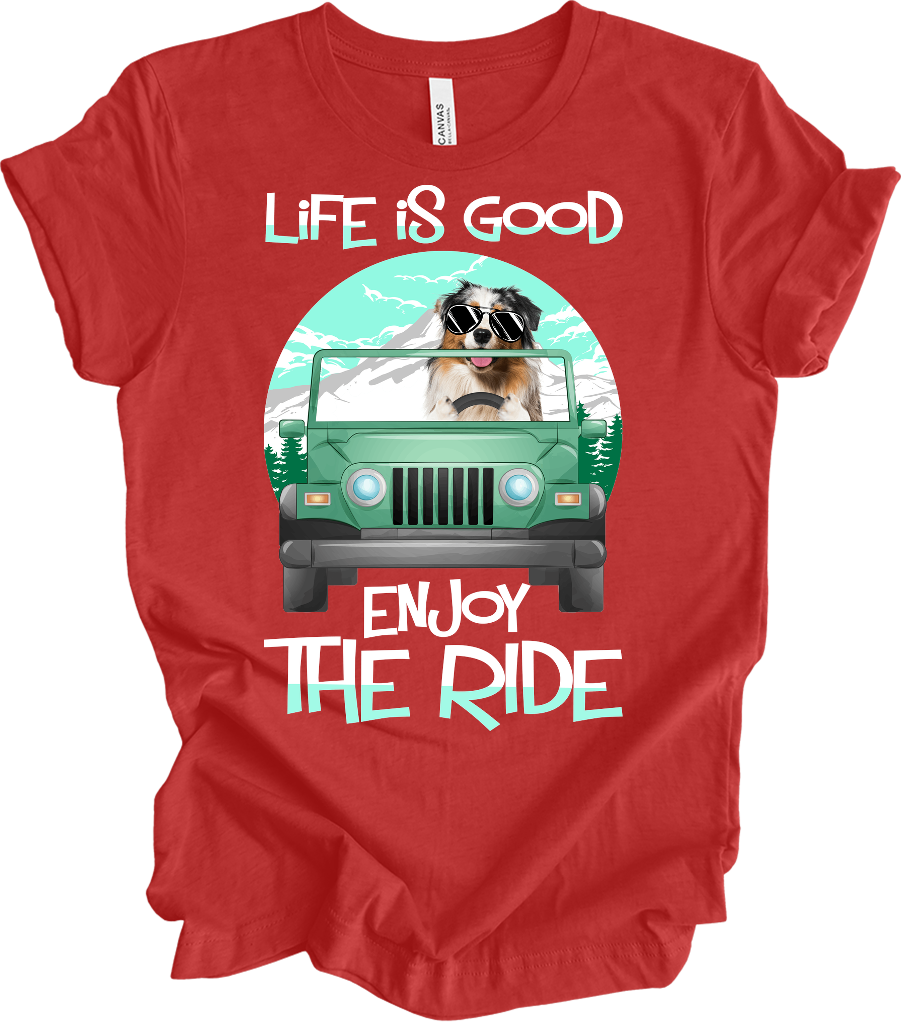 Australian Shepherd Jeep Dog - Life is Good Aussie Mom Gift T-Shirt in Heather Red
