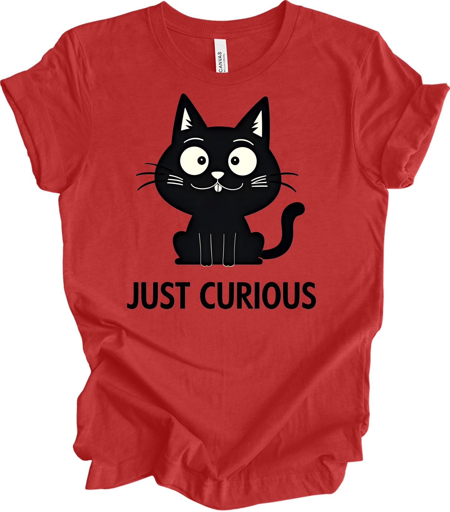Curious Cat - Funny Black Cat Design T-Shirt in Heather Red