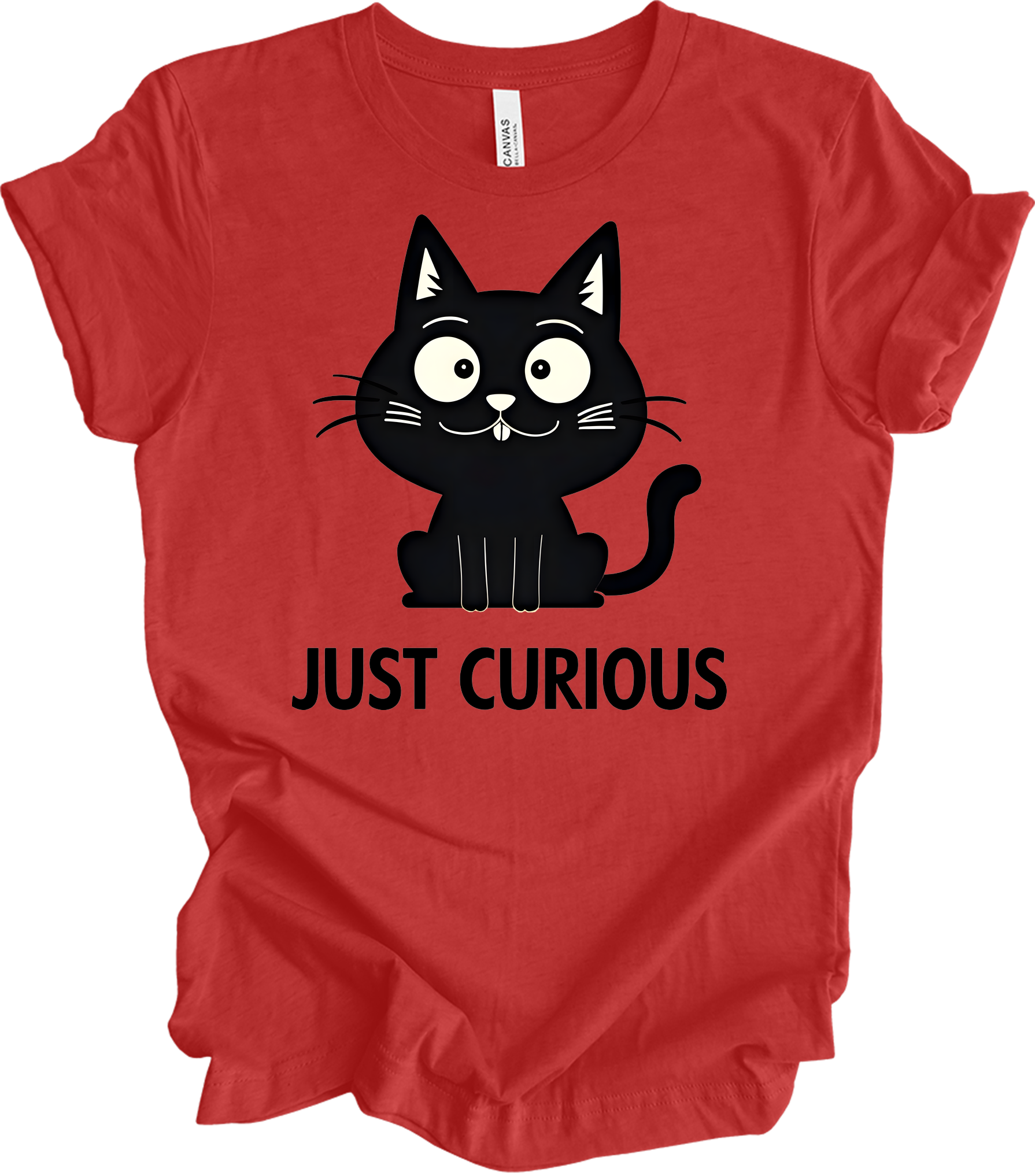 Curious Cat - Funny Black Cat Design T-Shirt in Heather Red