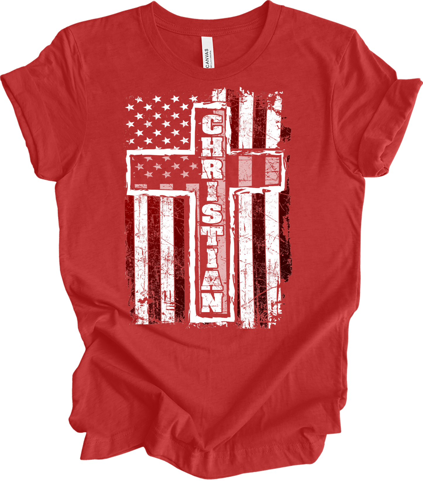 American Flag Cross Christian T-Shirt in Heather Red