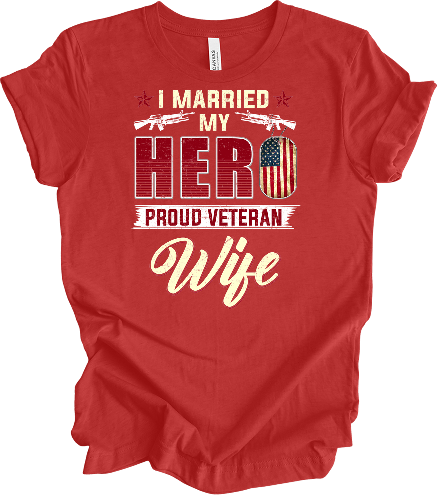 Proud Veteran Wife - I Married My Hero Patriotic T-Shirt in Heather Red