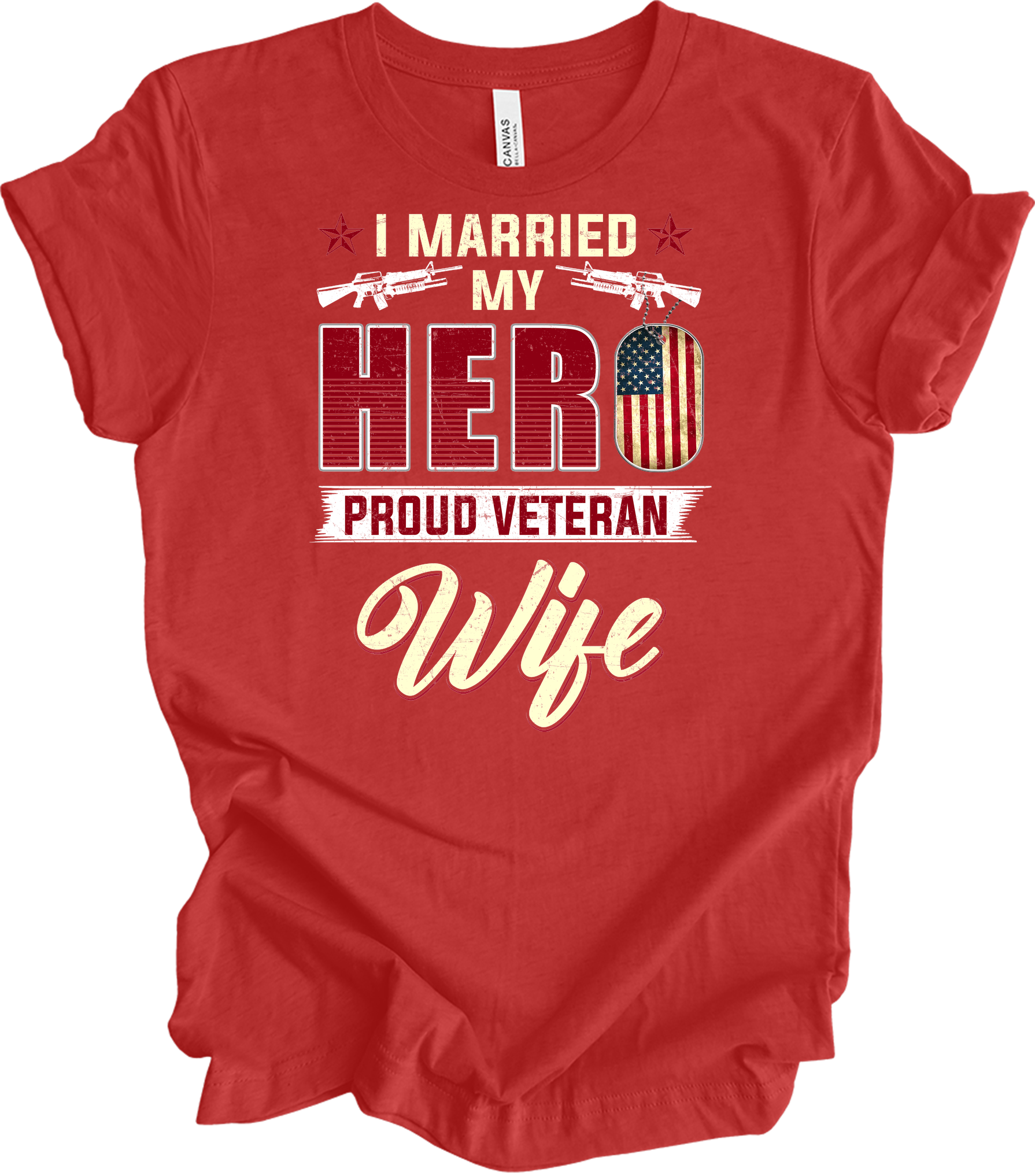 Proud Veteran Wife - I Married My Hero Patriotic T-Shirt in Heather Red