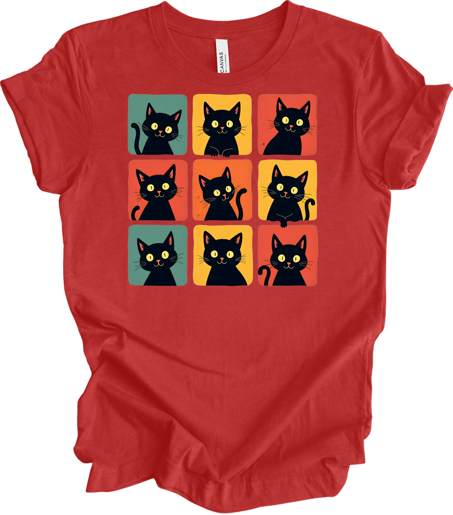 Retro Black Cat Faces T-Shirt in Heather Red