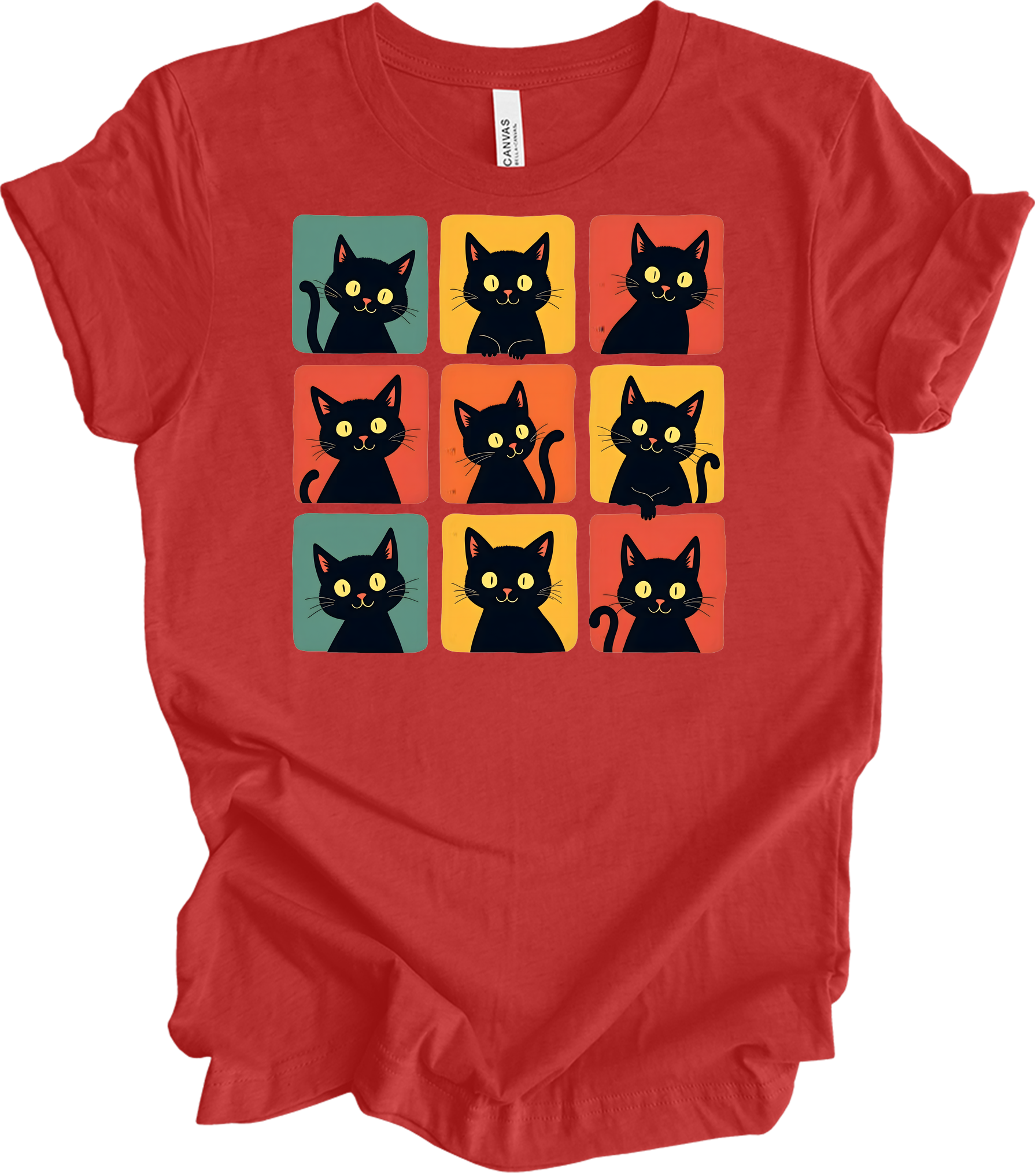 Retro Black Cat Faces T-Shirt in Heather Red