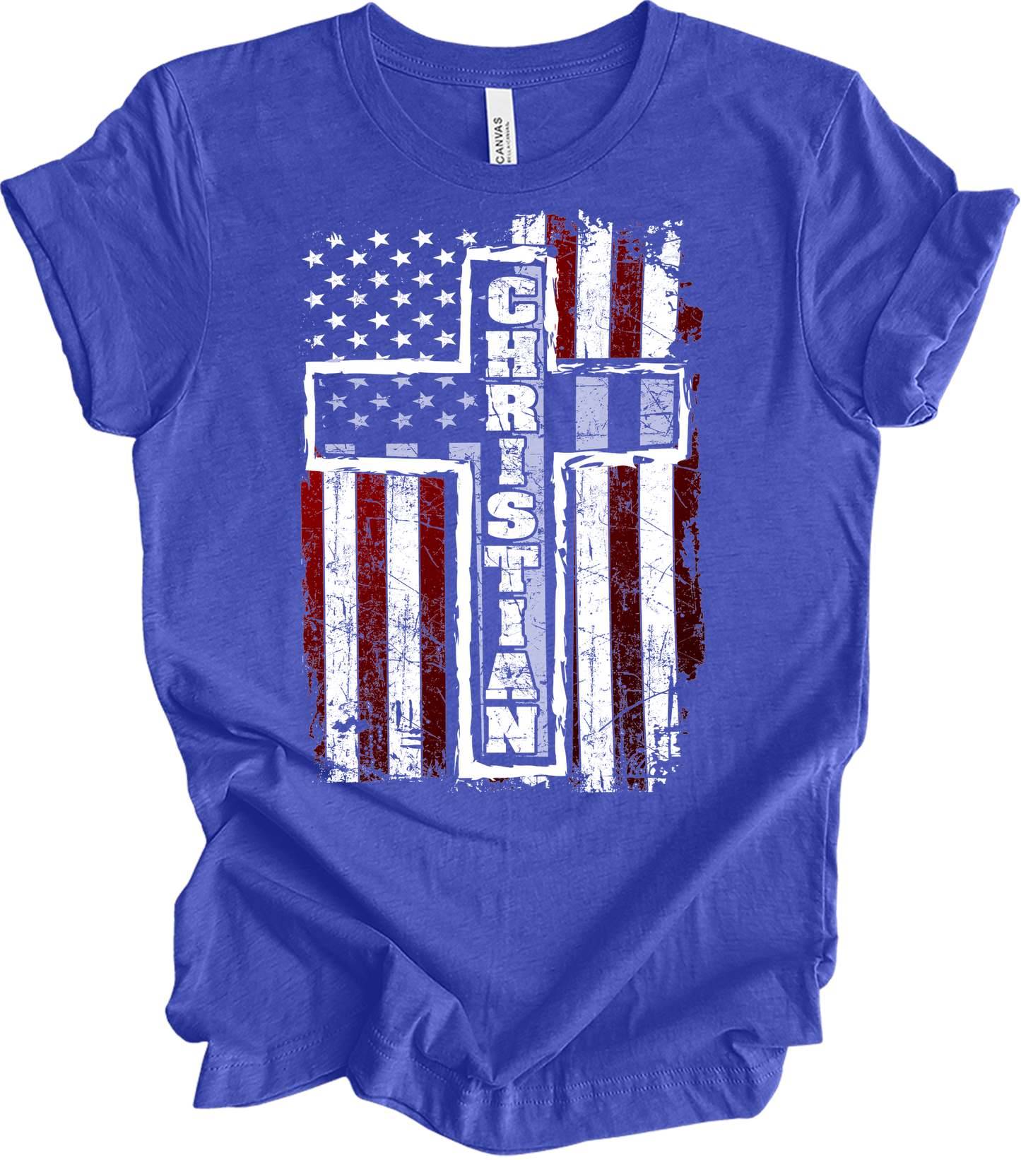 American Flag Cross Christian T-Shirt in Heather Royal