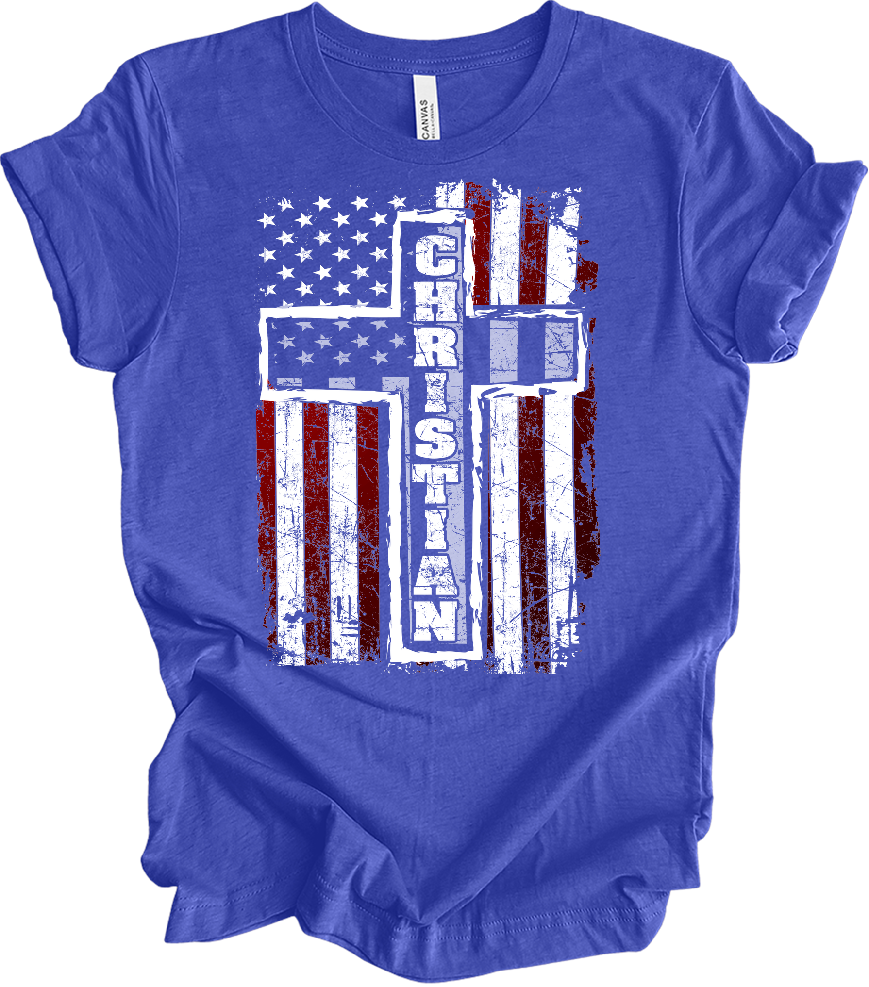 American Flag Cross Christian T-Shirt in Heather Royal