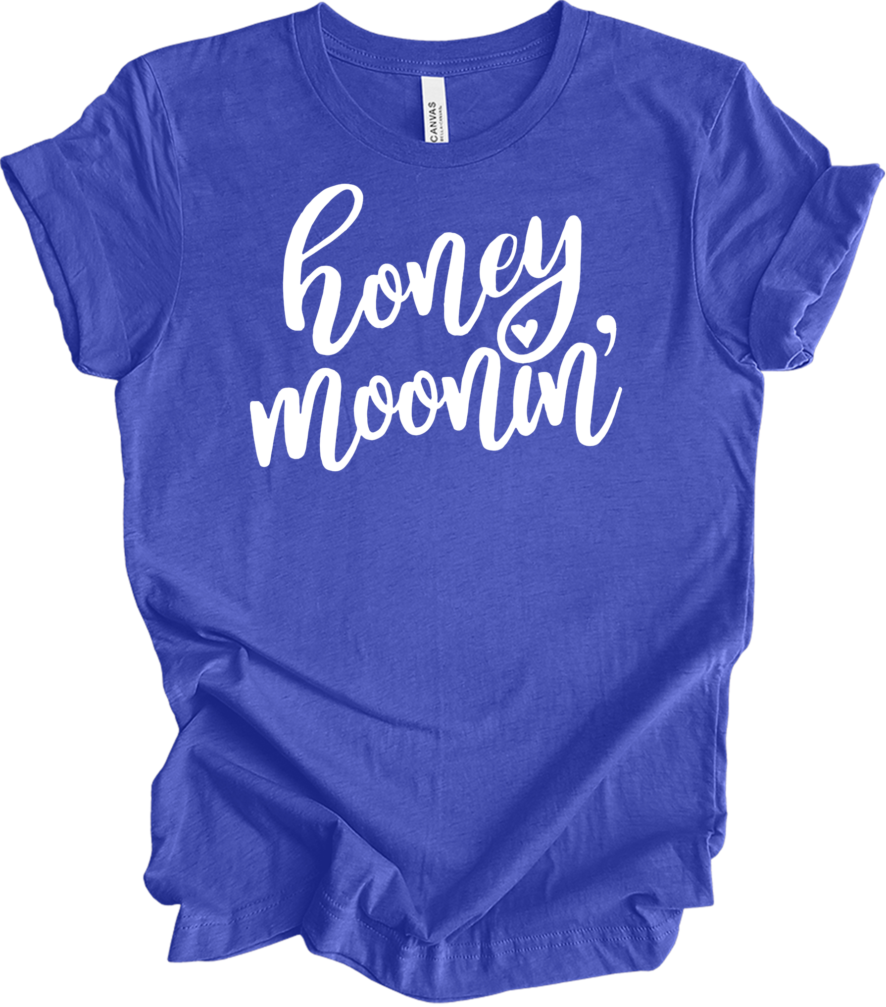 Honeymoonin' - Just Married Newlywed Honeymoon Vacation T-Shirt in Heather Royal