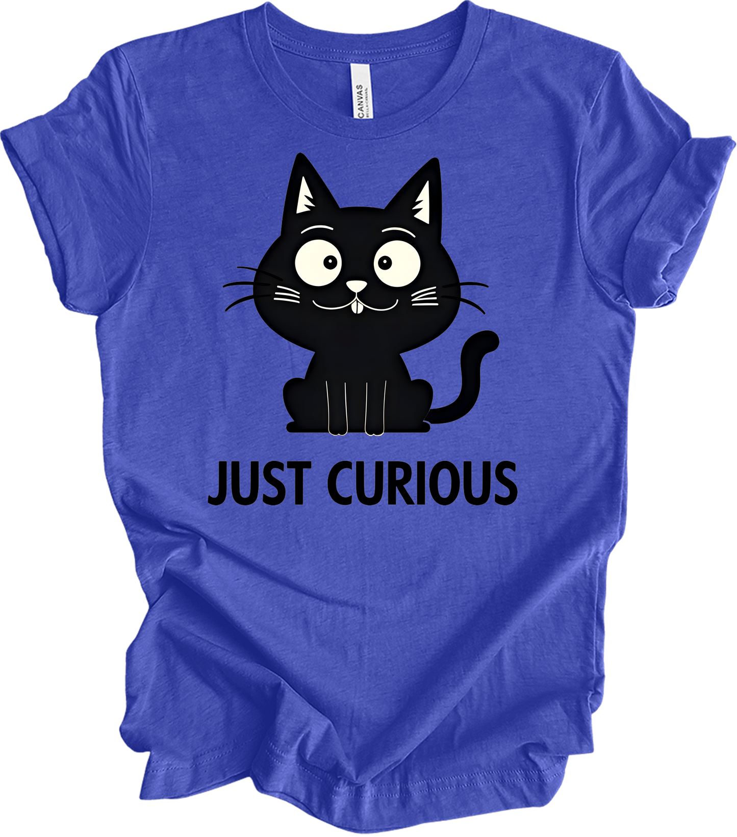 Curious Cat - Funny Black Cat Design T-Shirt in Heather Royal