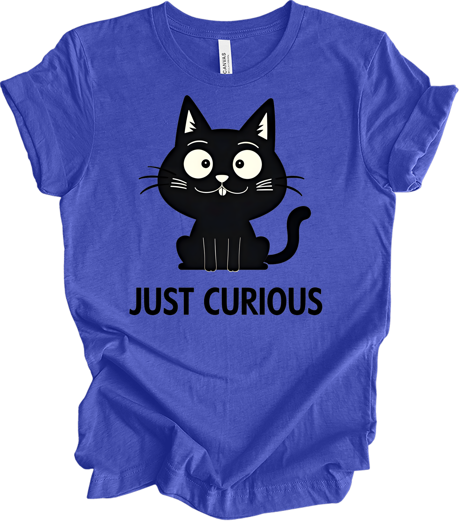 Curious Cat - Funny Black Cat Design T-Shirt in Heather Royal