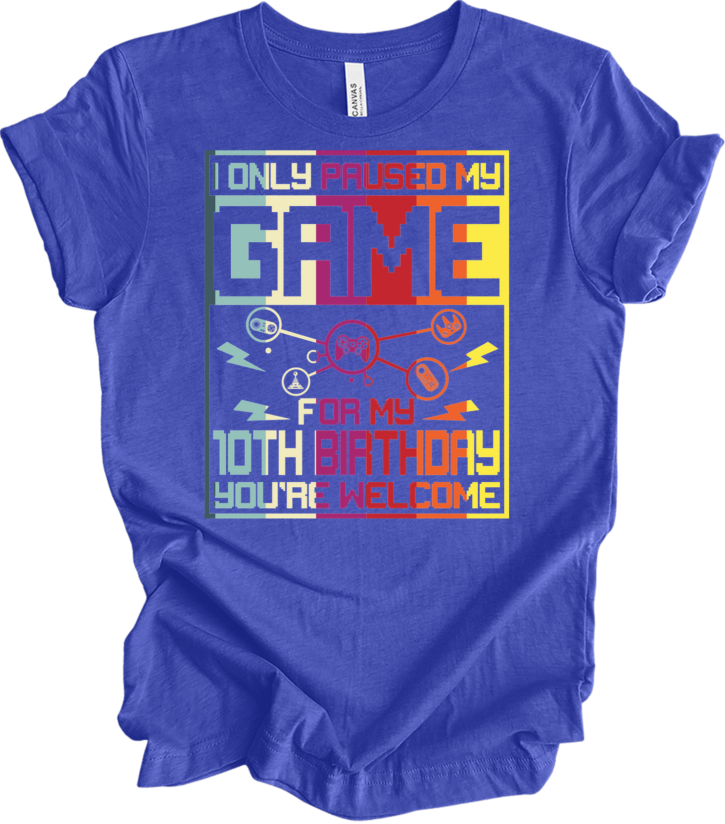 Paused Game 10th Birthday T-Shirt in Heather Royal