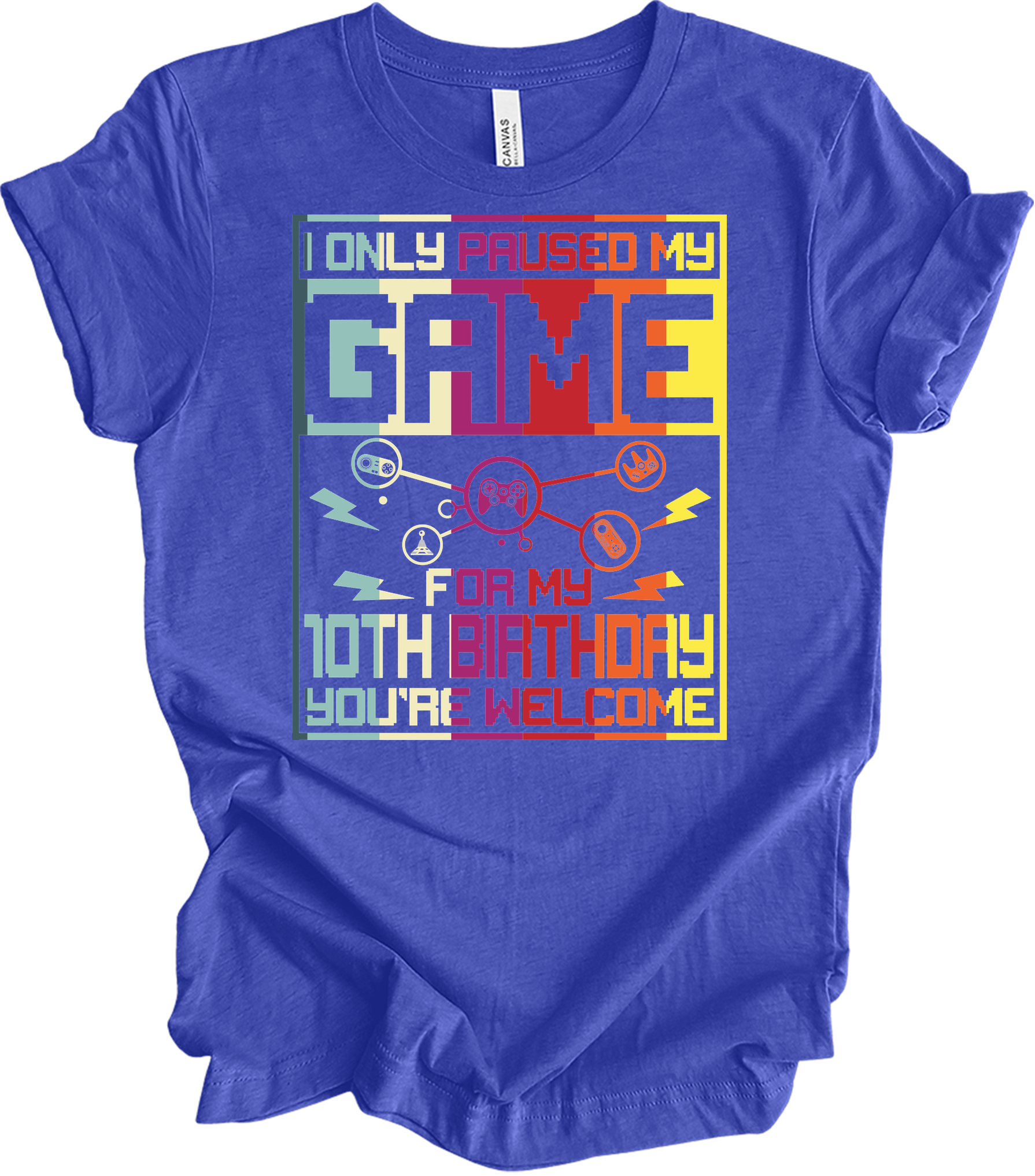 Paused Game 10th Birthday T-Shirt in Heather Royal