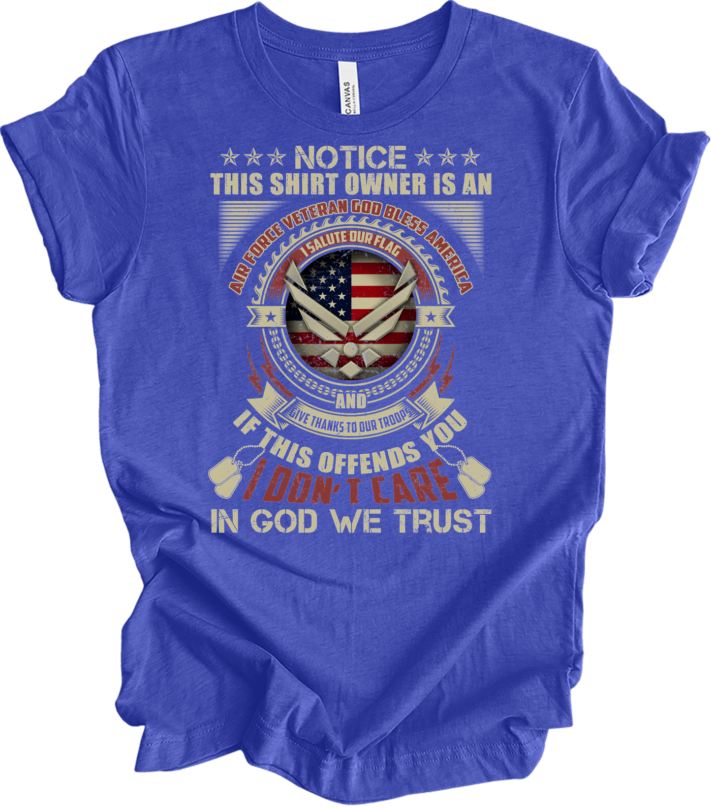 Air Force Veteran US Military Patriotic T-Shirt in Heather Royal