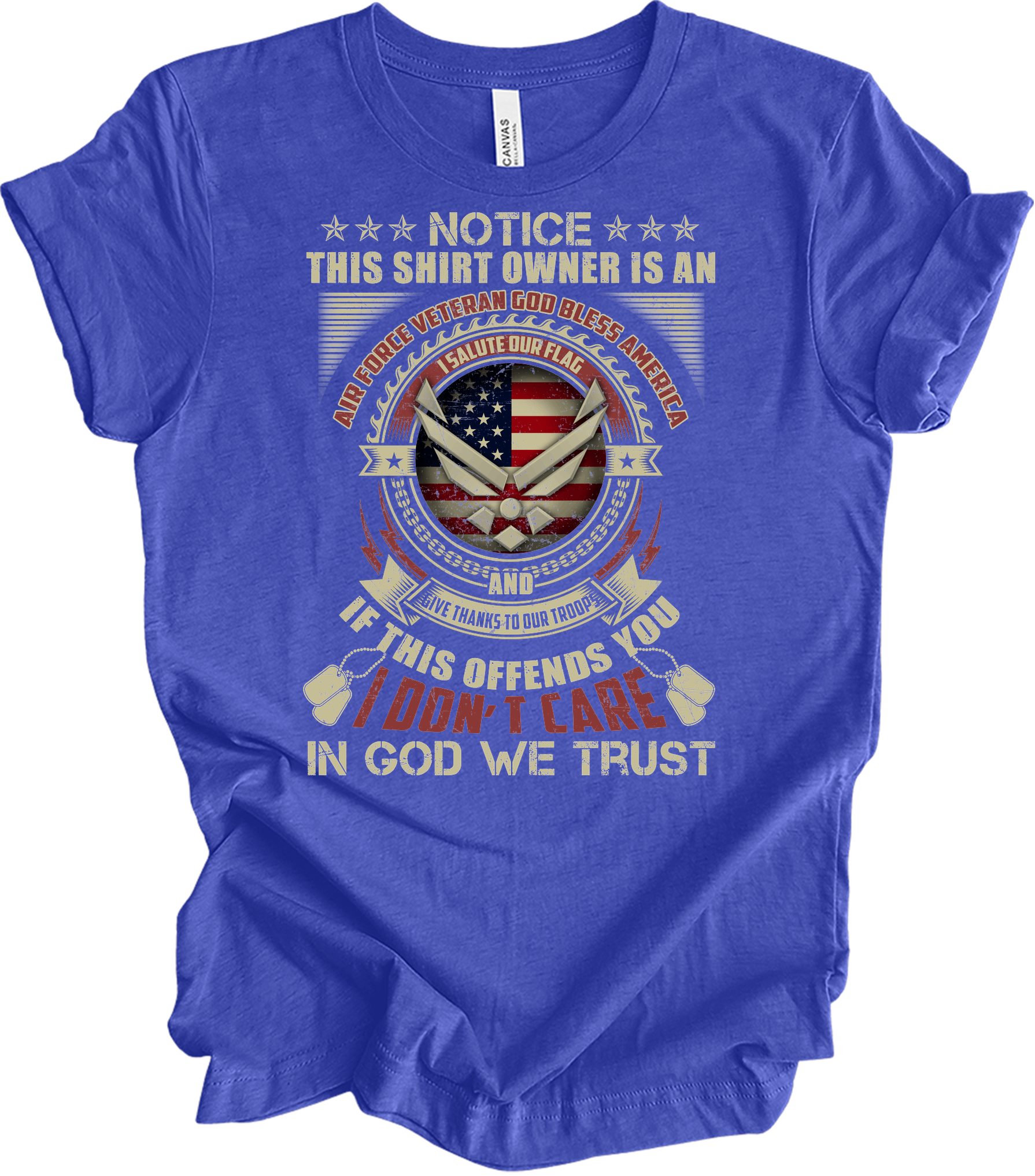 Air Force Veteran US Military Patriotic T-Shirt in Heather Royal