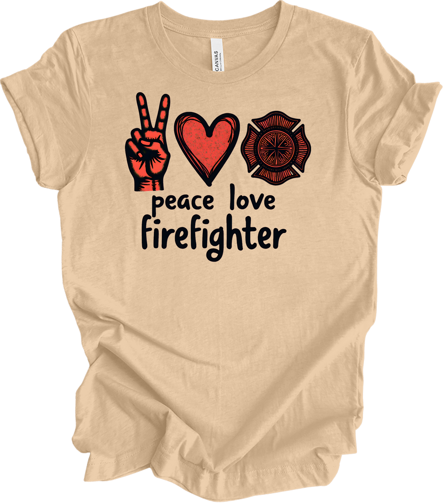 Peace Love Firefighter T-Shirt in Heather Sand Dune
