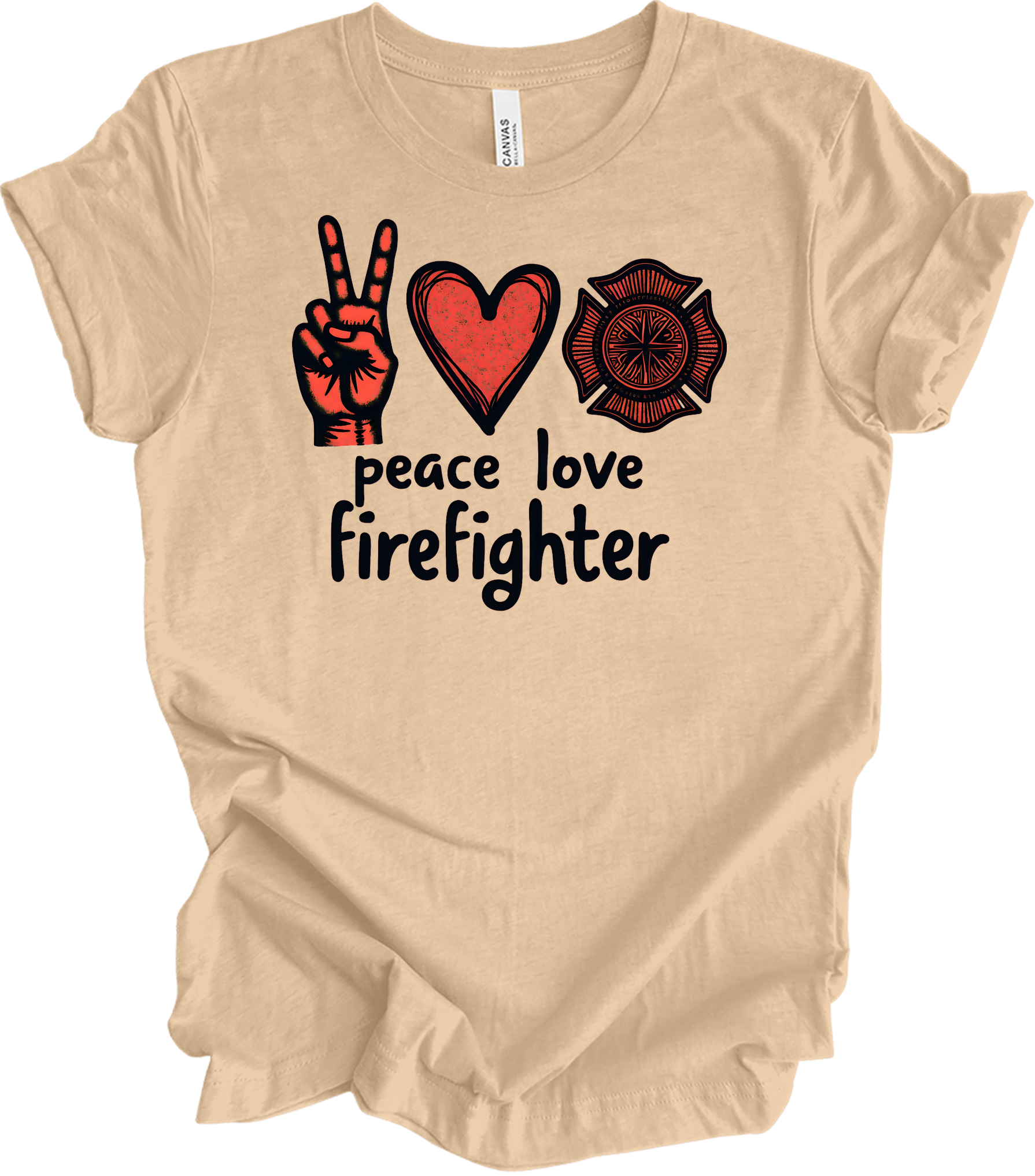 Peace Love Firefighter T-Shirt in Heather Sand Dune
