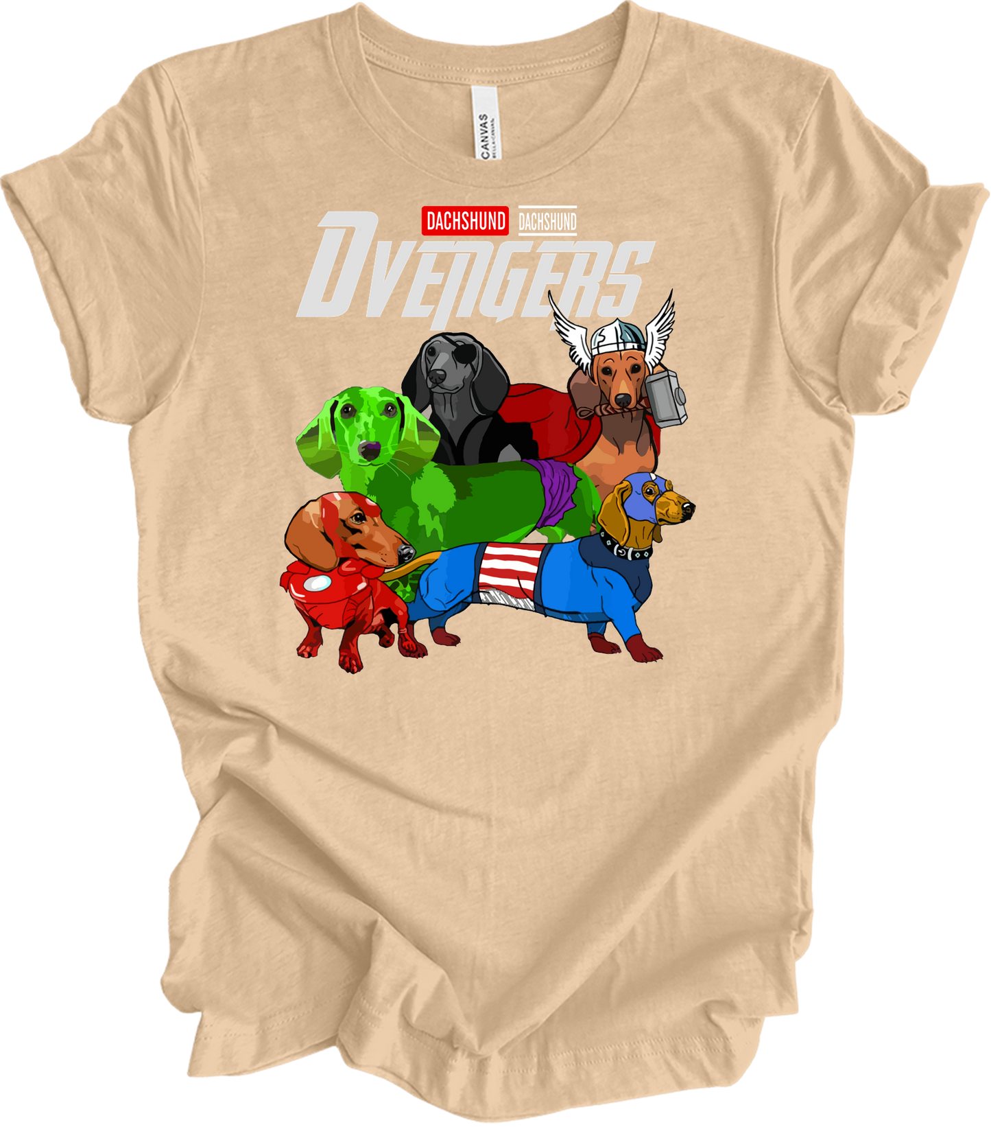 Dachshund Dvengers Funny Dog Lover Superhero T-Shirt in Heather Sand Dune