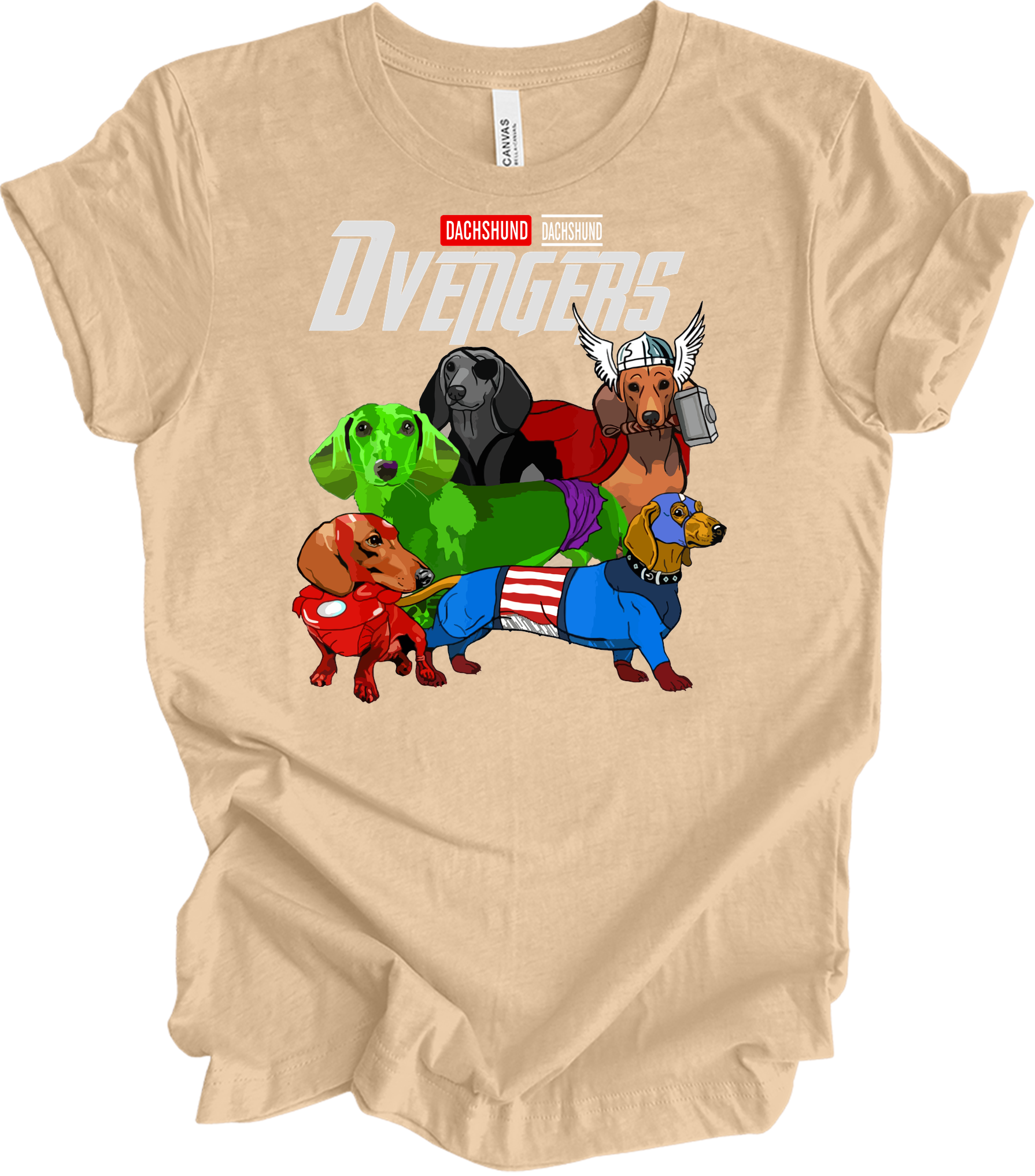 Dachshund Dvengers Funny Dog Lover Superhero T-Shirt in Heather Sand Dune