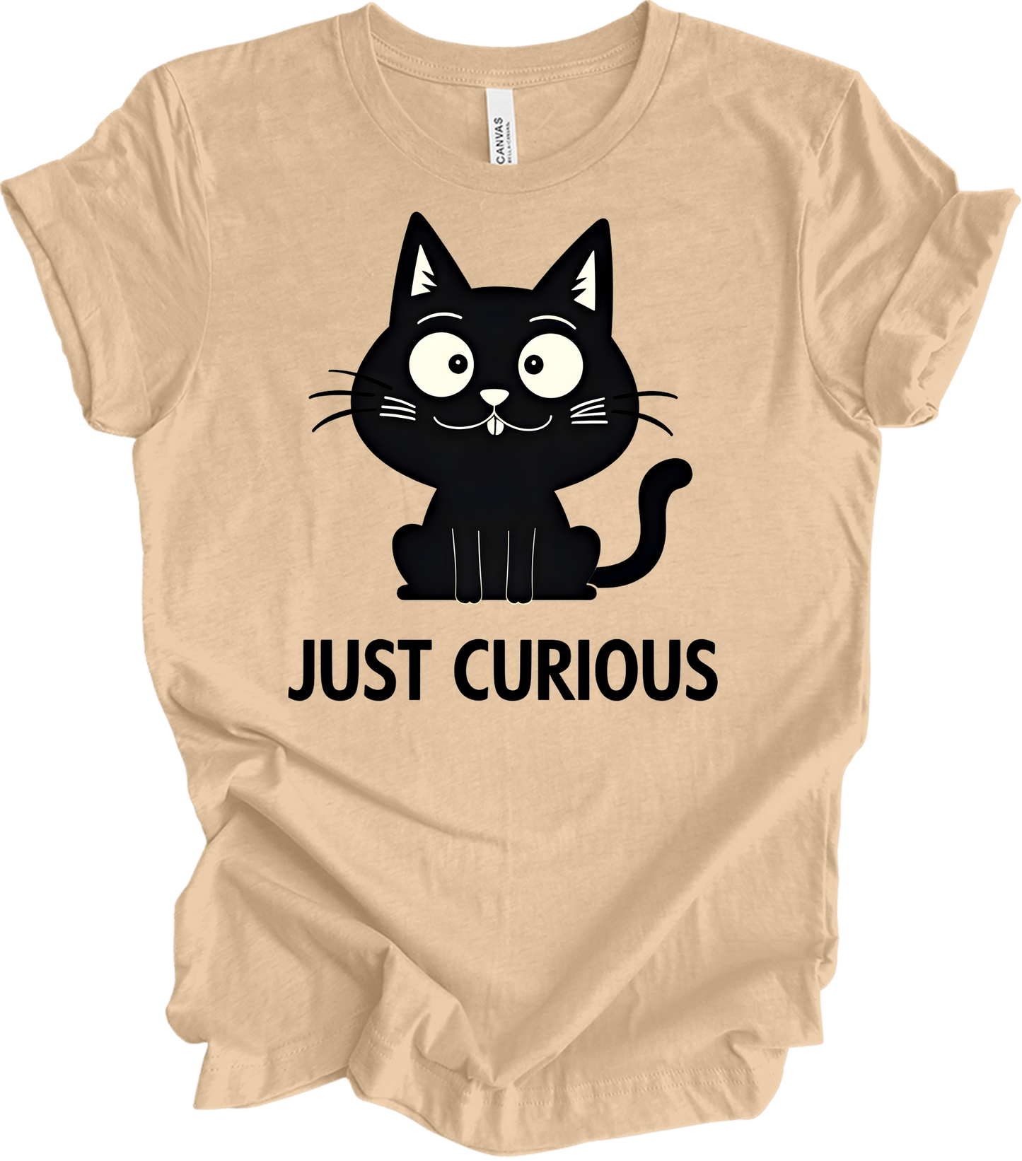 Curious Cat - Funny Black Cat Design T-Shirt in Heather Sand Dune