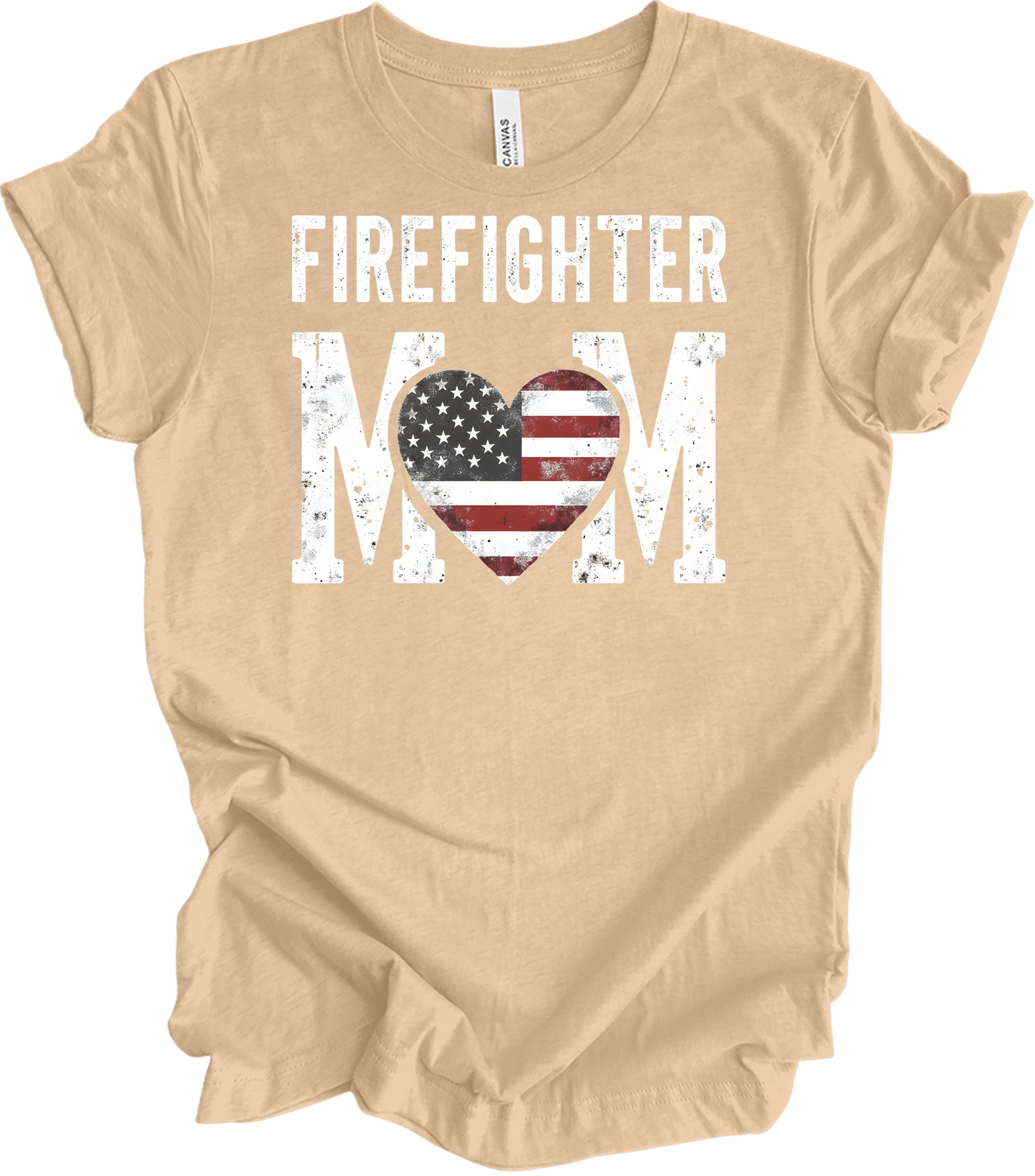 Firefighter Mom Flag Heart T-Shirt in Heather Sand Dune