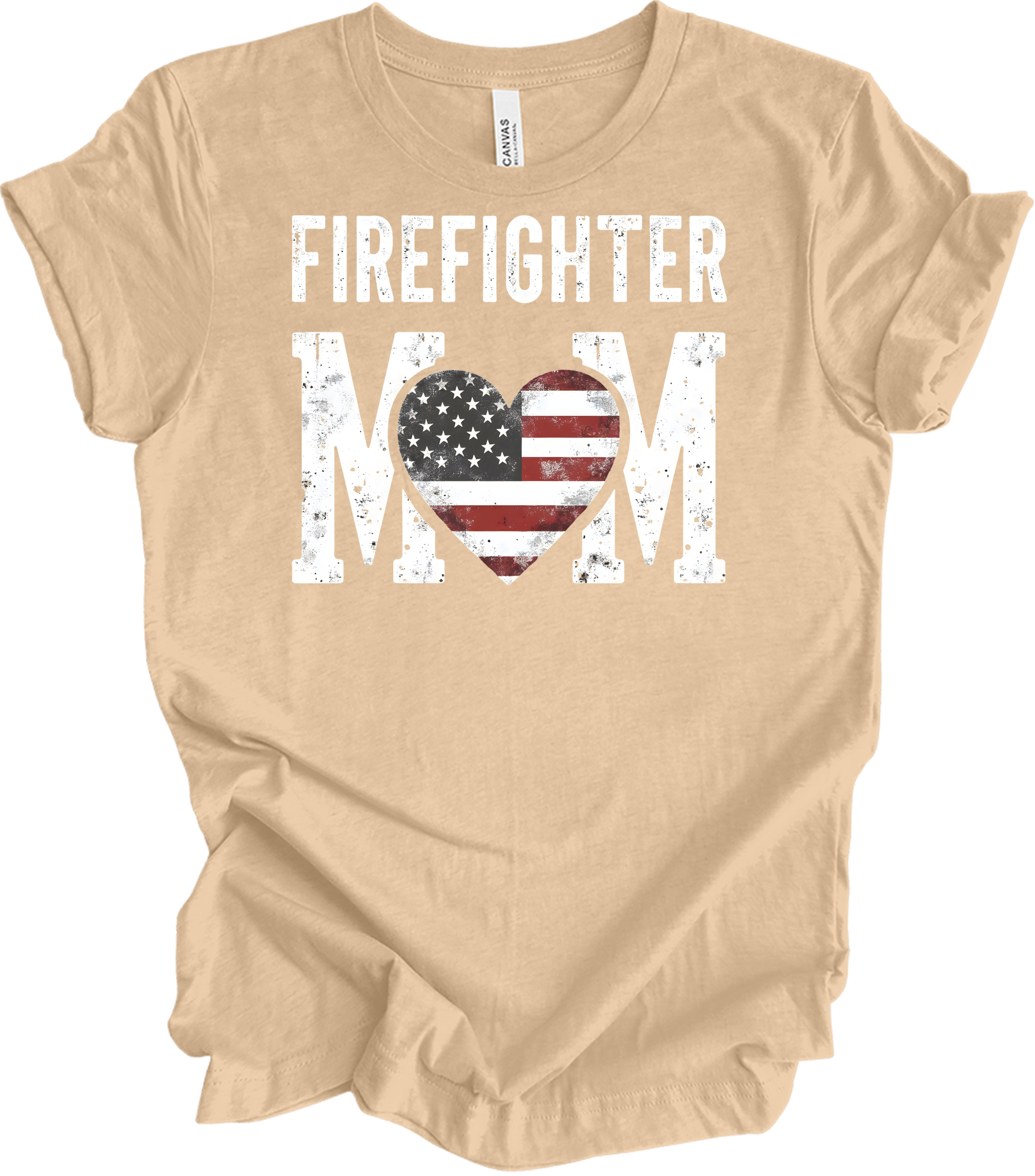 Firefighter Mom Flag Heart T-Shirt in Heather Sand Dune