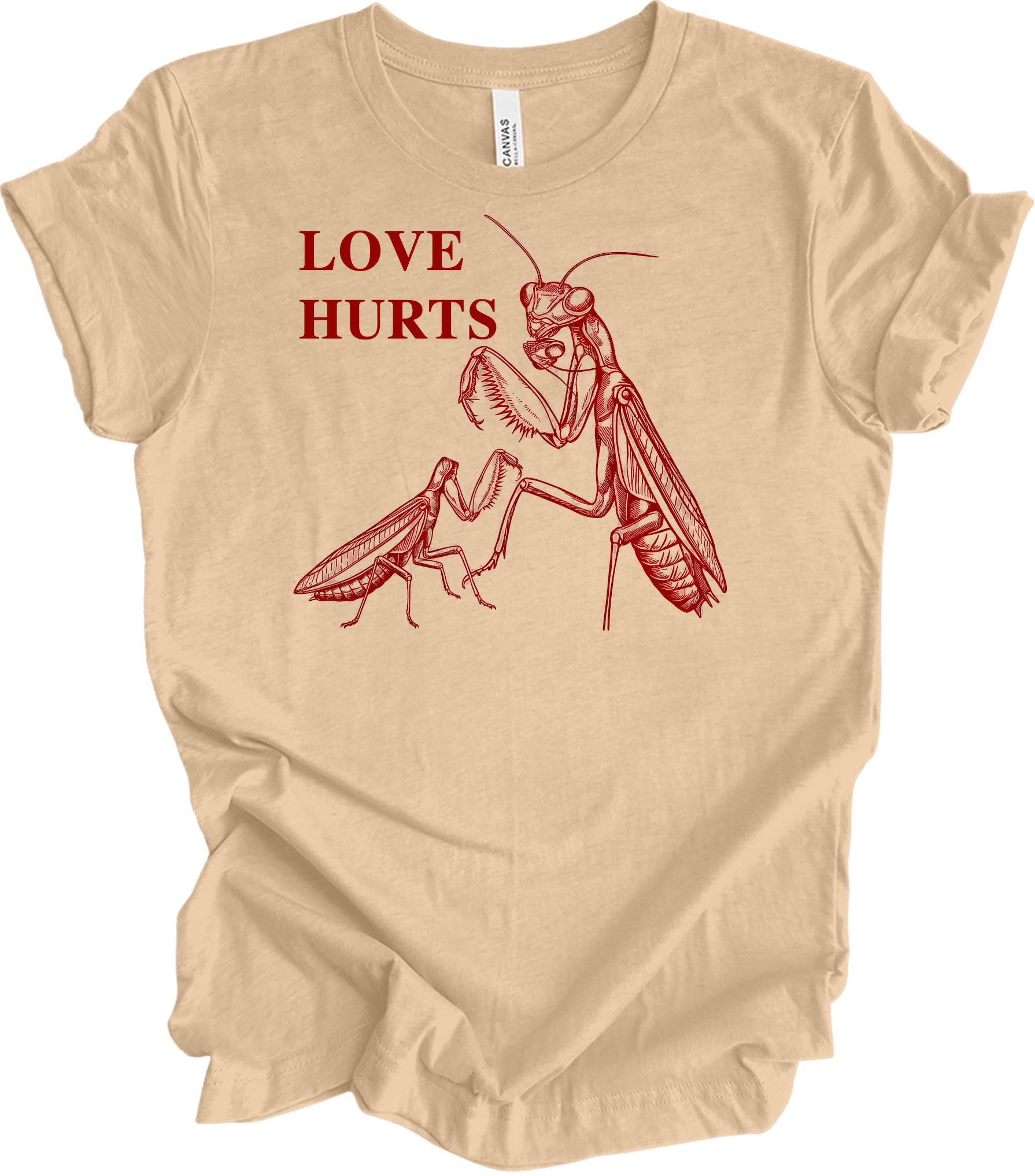 Love Hurts Praying Mantis T-Shirt in Heather Sand Dune