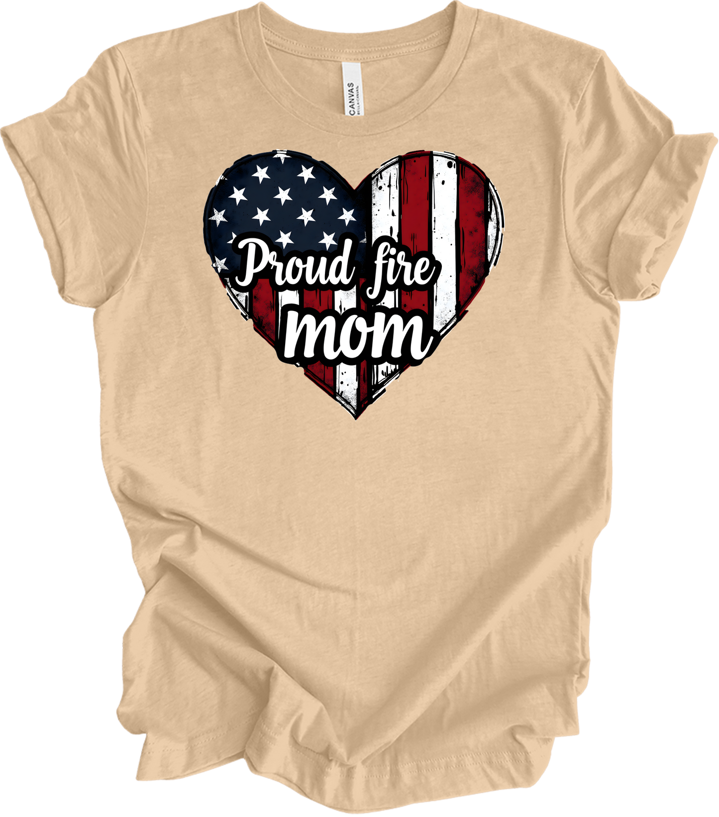 Proud Fire Mom - USA Flag Heart T-Shirt in Heather Sand Dune