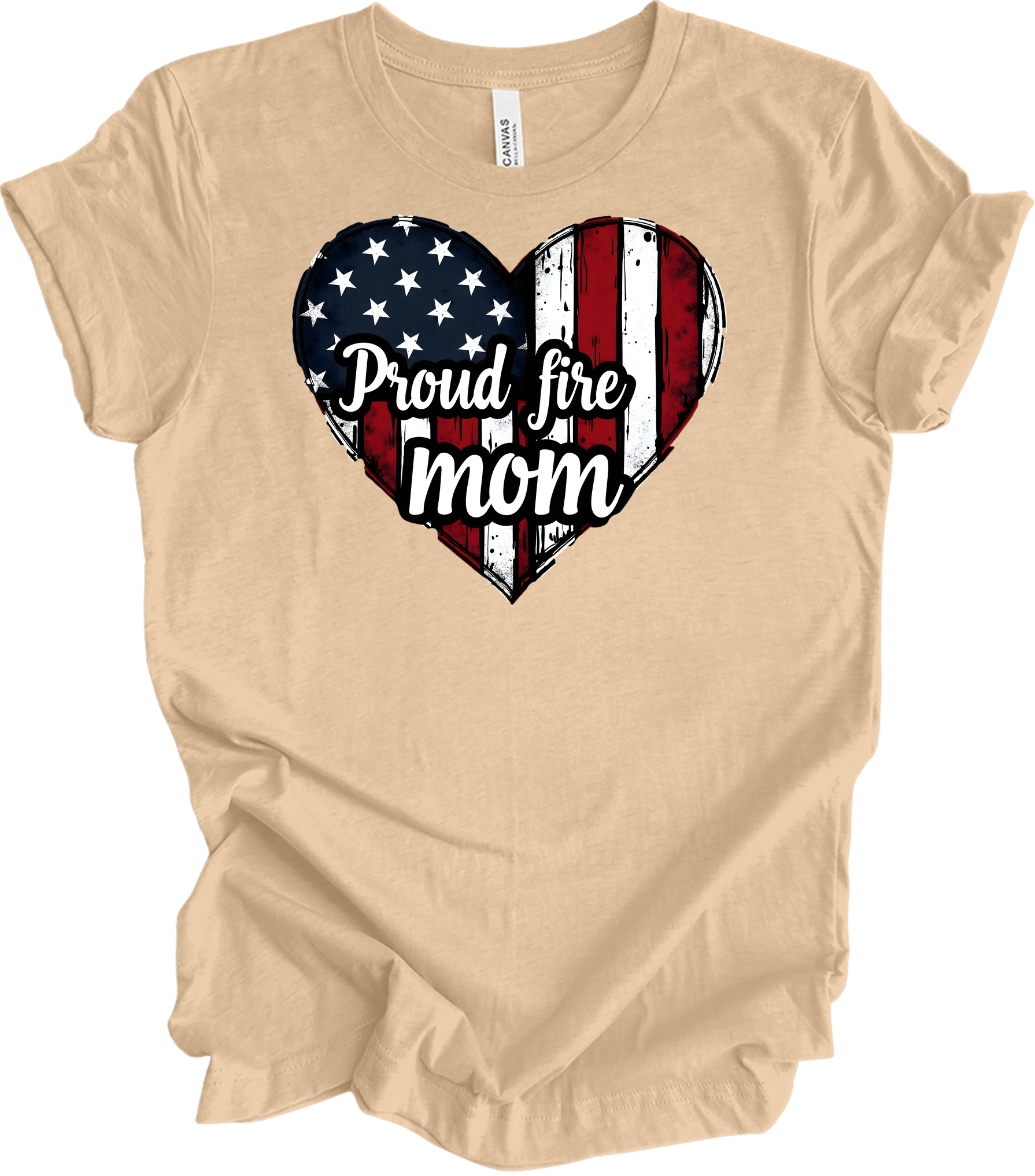 Proud Fire Mom - USA Flag Heart T-Shirt in Heather Sand Dune