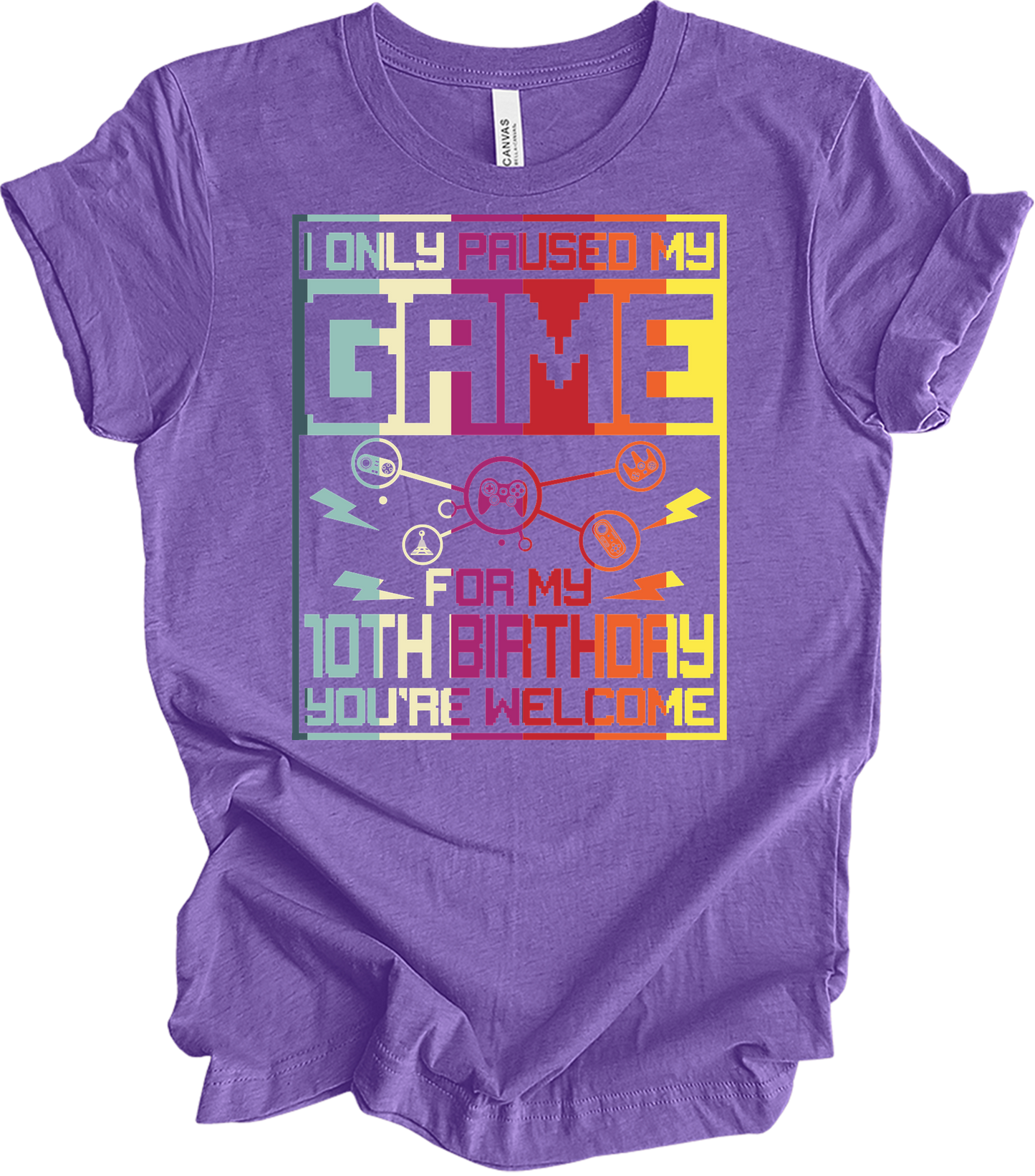 Paused Game 10th Birthday T-Shirt in Heather Team Purple