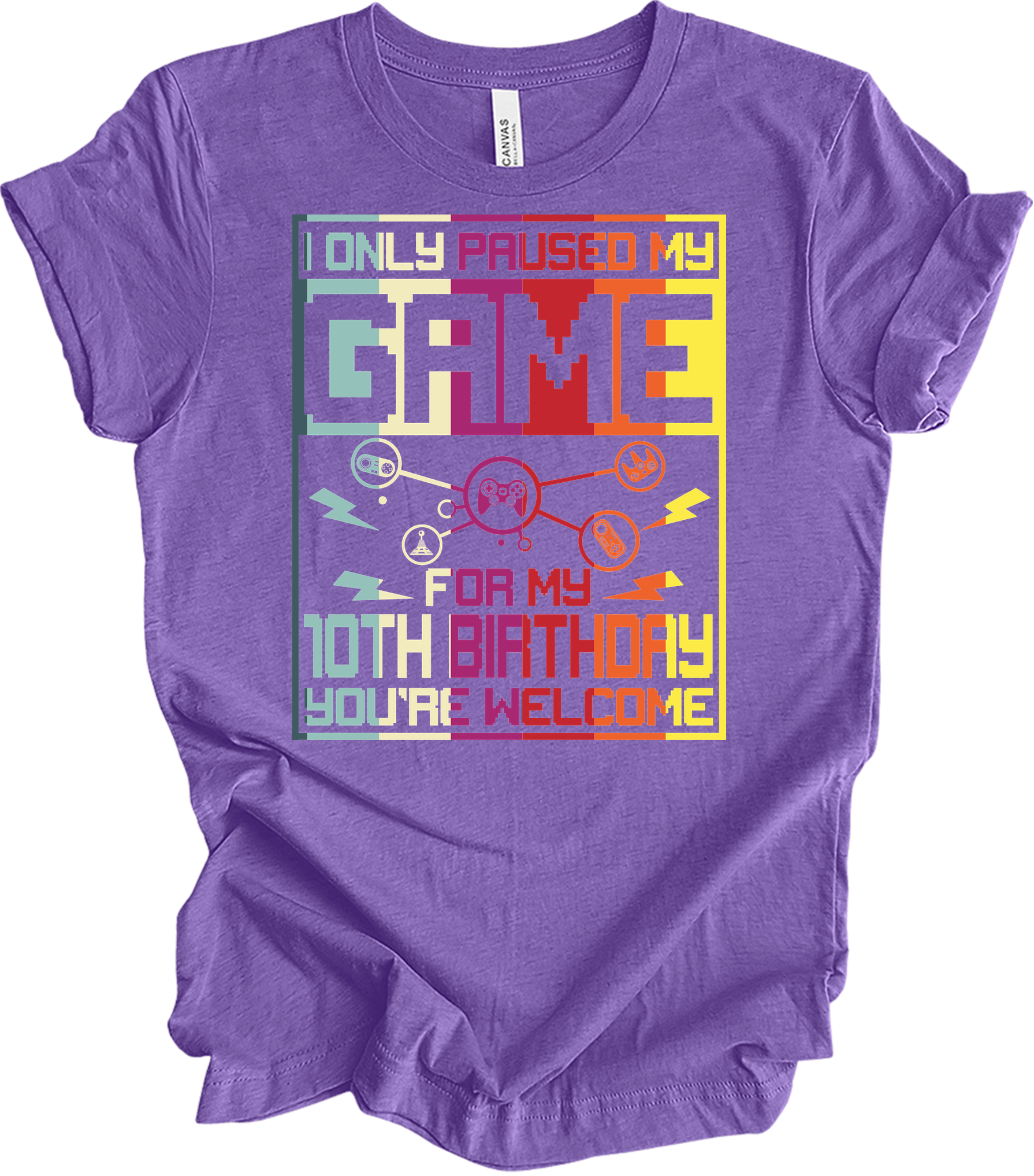 Paused Game 10th Birthday T-Shirt in Heather Team Purple