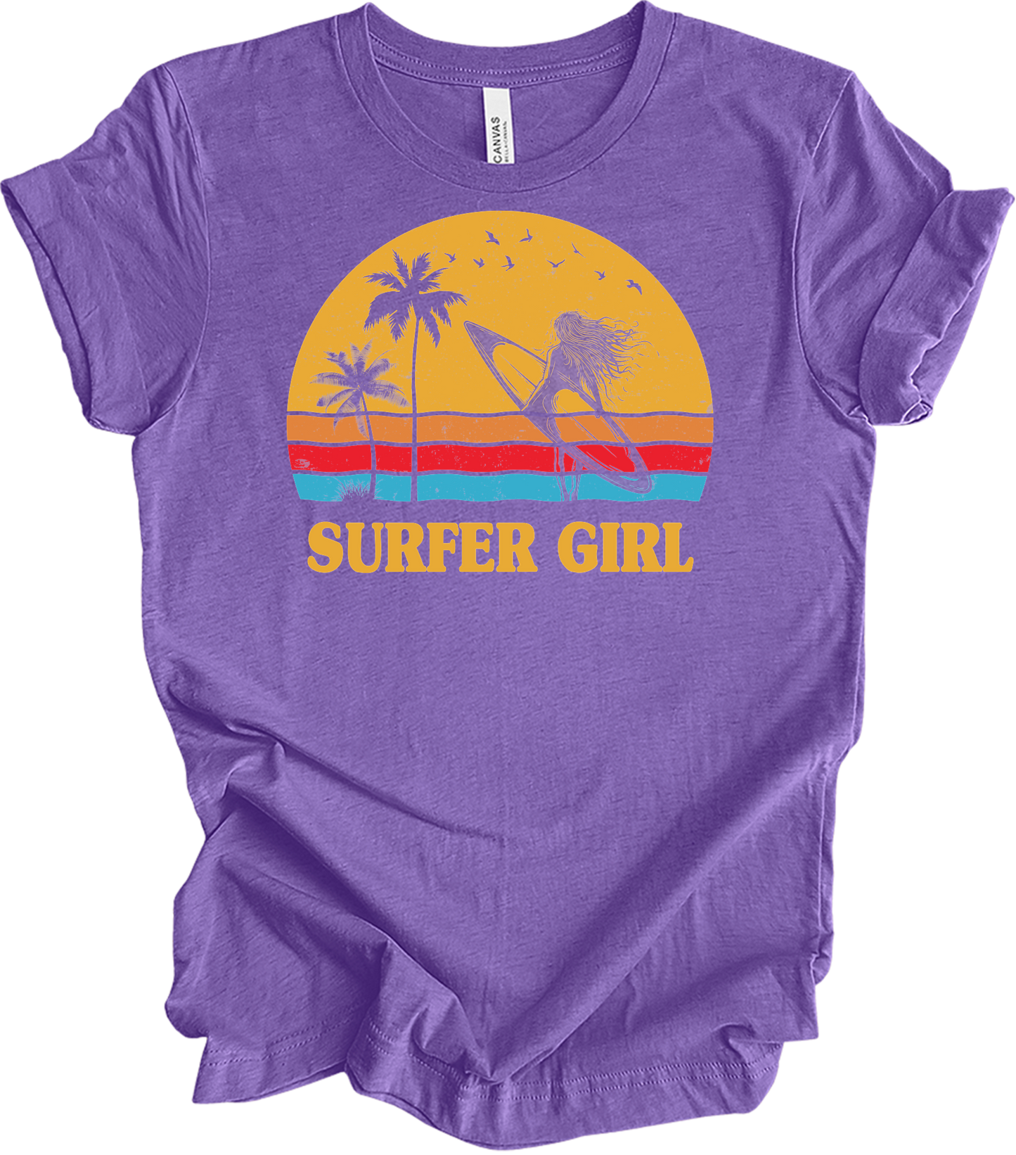 Surfer Girl Vintage Retro 70s Beach Surfing California Lover T-Shirt in Heather Team Purple