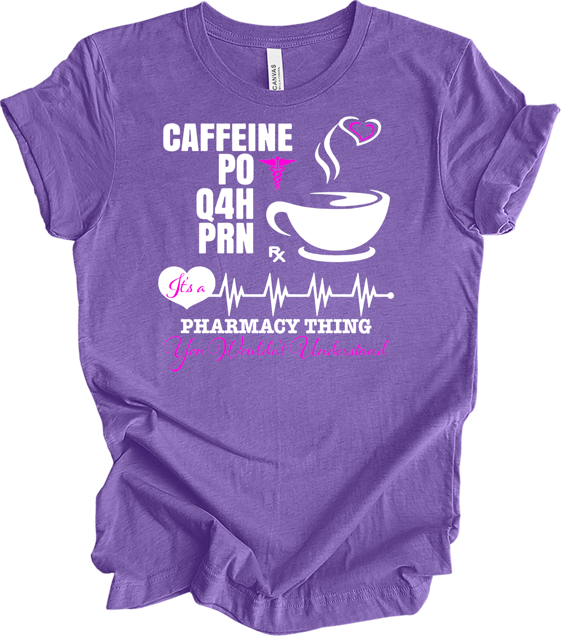 Caffeine PO Q4H PRN Nurse T-Shirt in Heather Team Purple