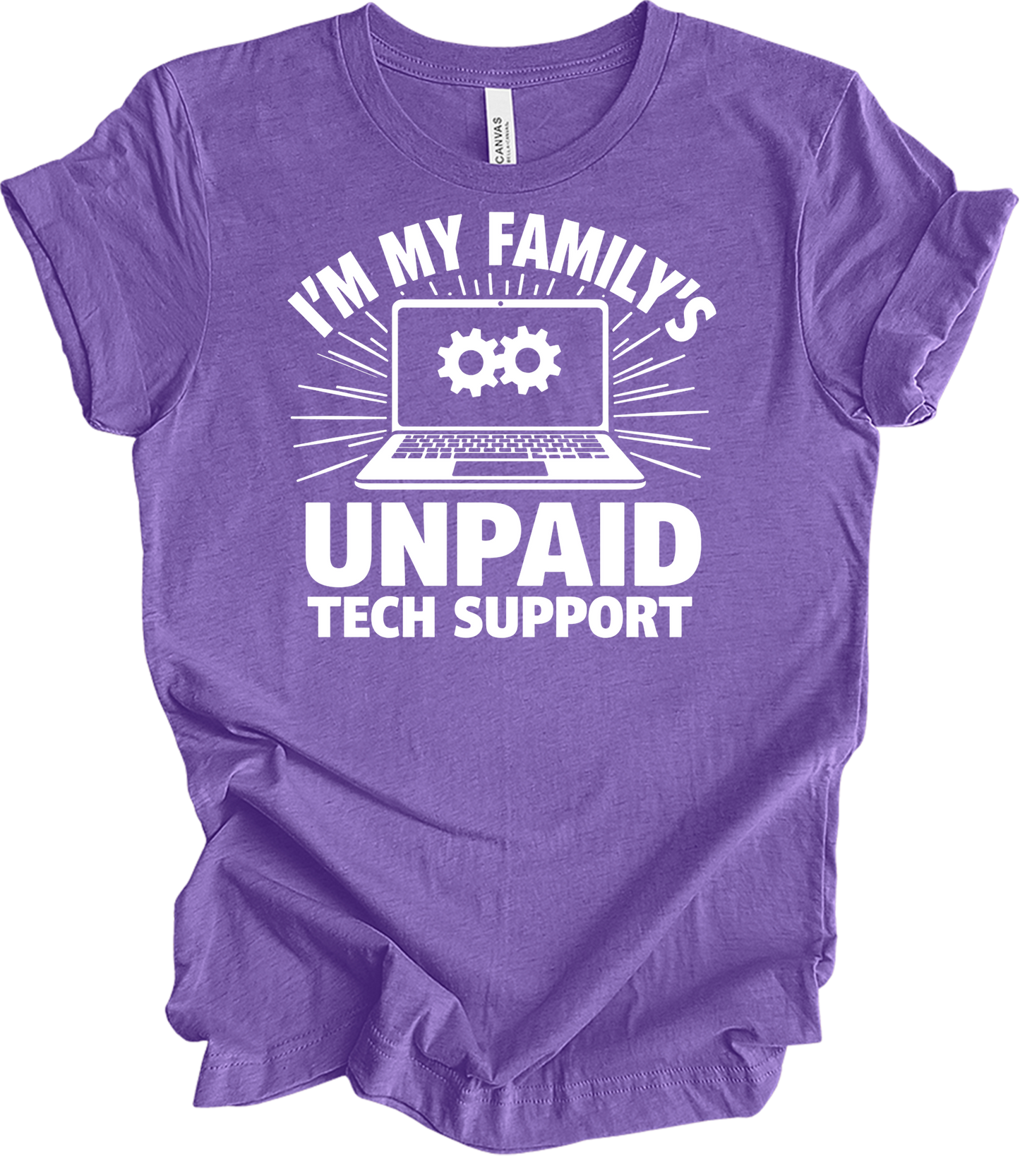 Unpaid Tech Support Funny T-Shirt in Heather Team Purple