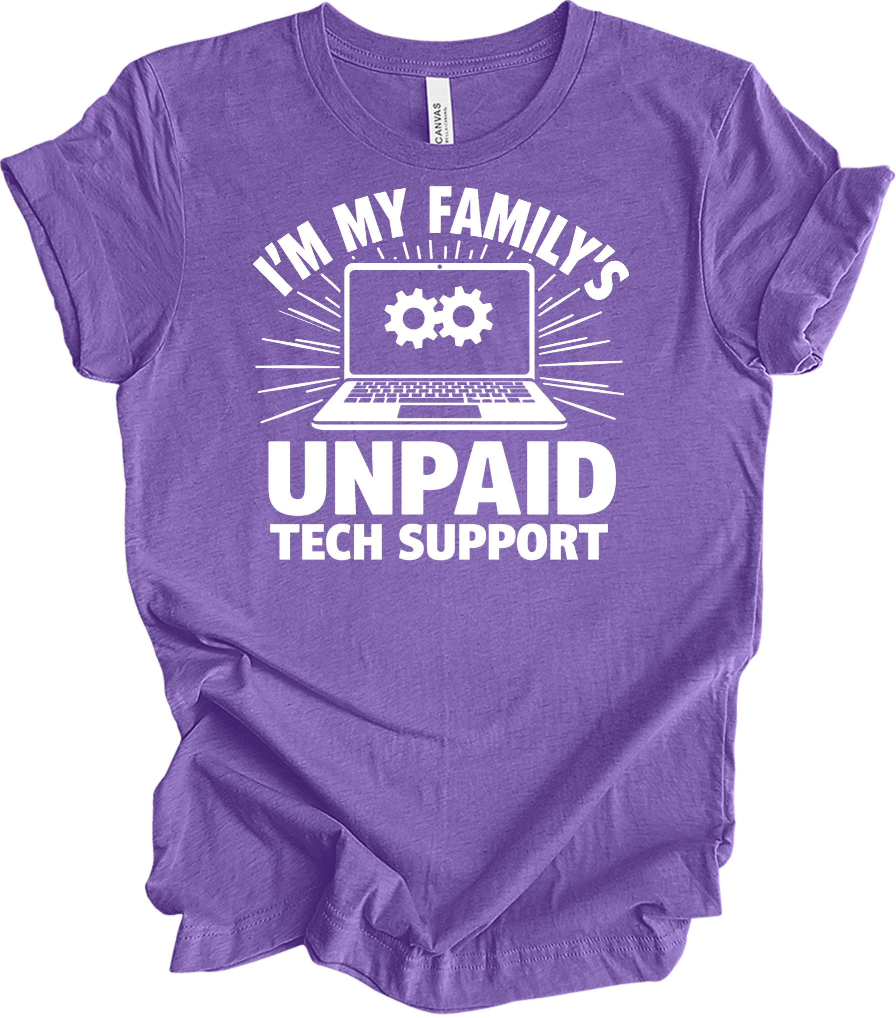 Unpaid Tech Support Funny T-Shirt in Heather Team Purple
