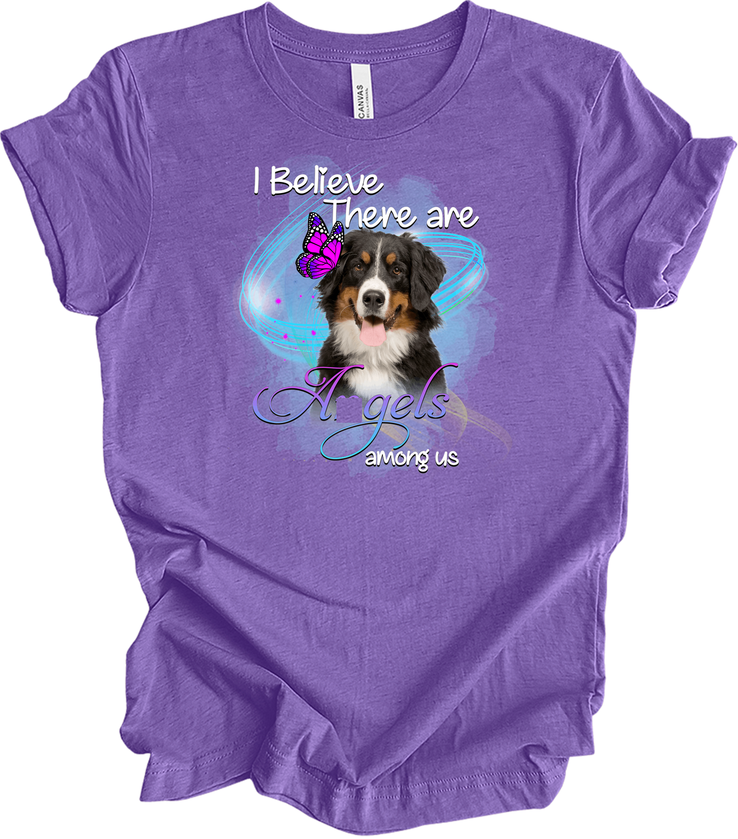 Bernese Mountain Dog Angel Among Us T-Shirt in Heather Team Purple