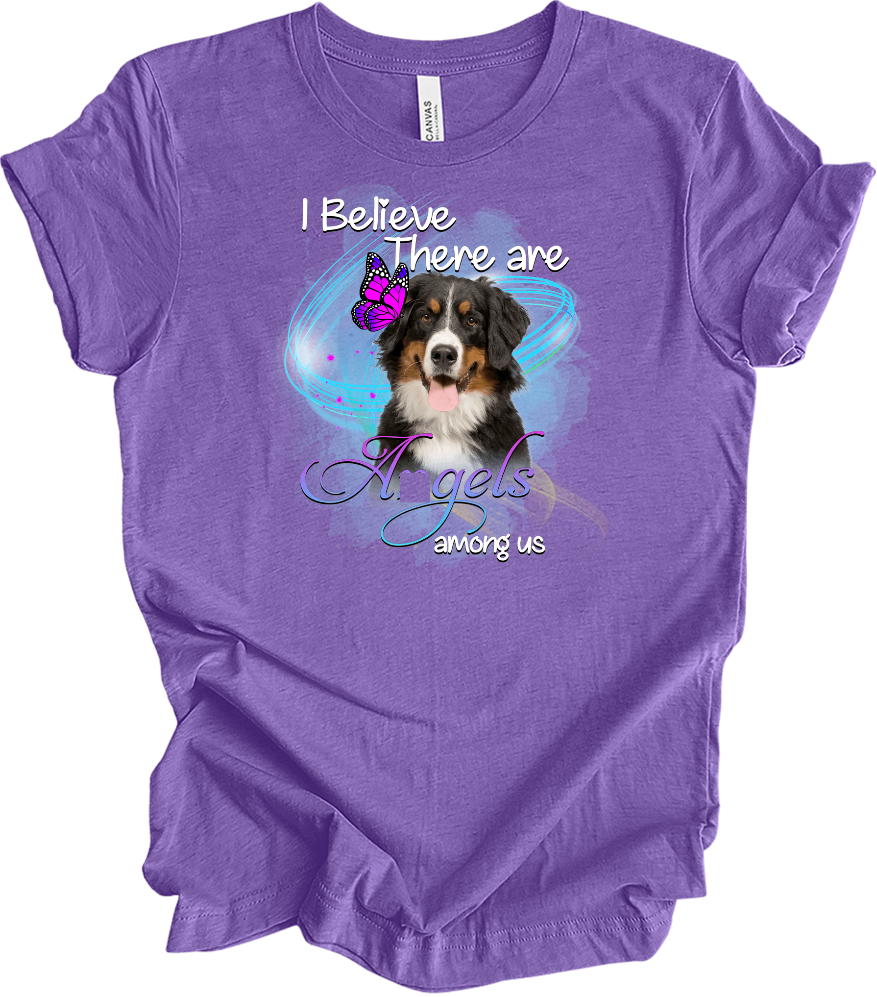 Bernese Mountain Dog Angel Among Us T-Shirt in Heather Team Purple