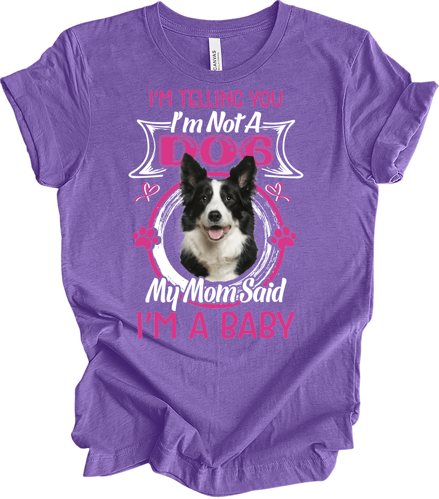 Border Collie 'I'm A Baby' T-Shirt in Heather Team Purple