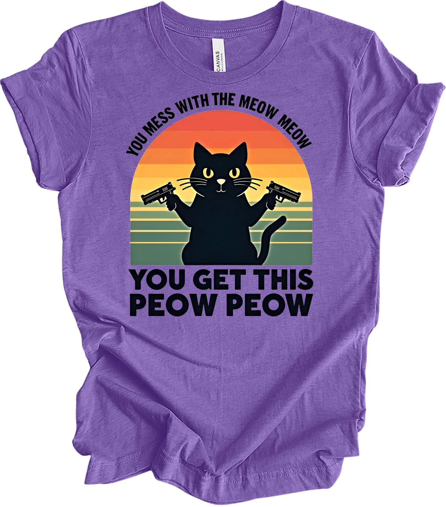 Meow Meow Peow Peow Cat T-Shirt in Heather Team Purple